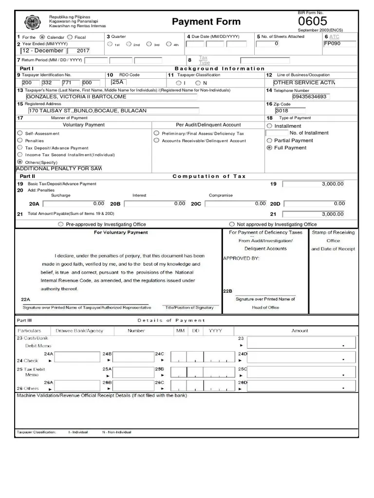 BIR Form 0605 Payment Details PDF Taxpayer Taxation