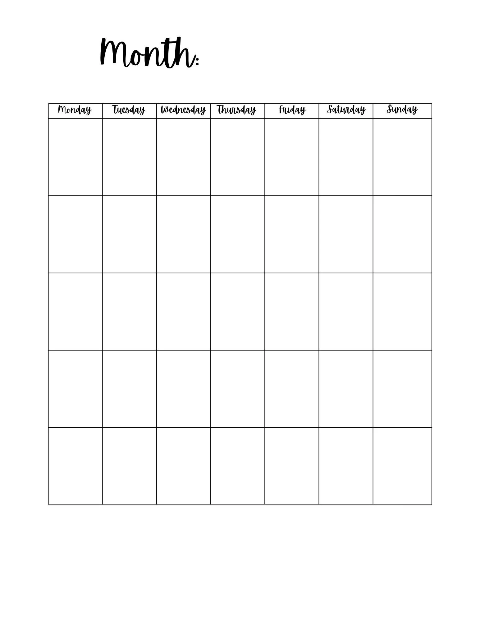 Printable Blank Full Page Calendar