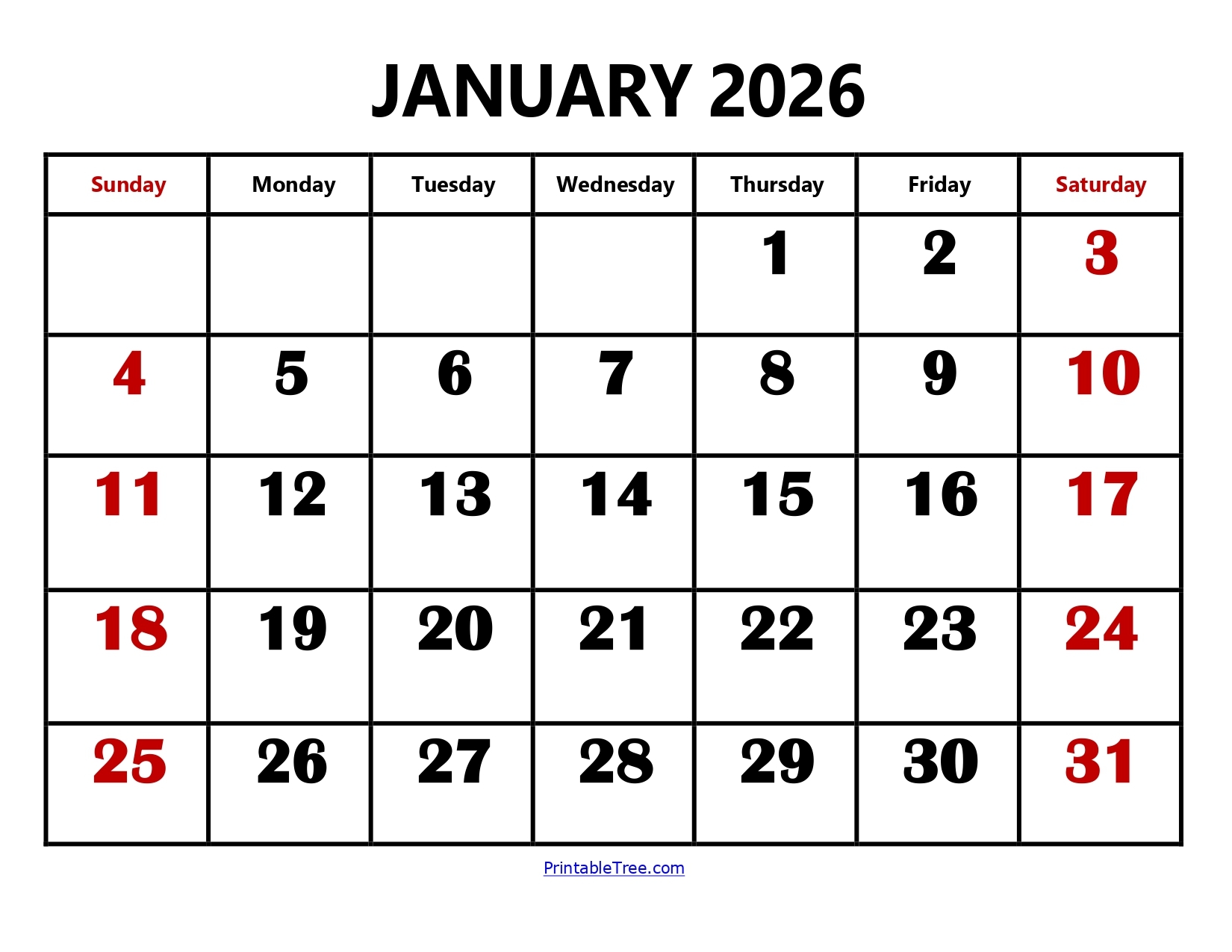 Jan 2026 Calendar Printable