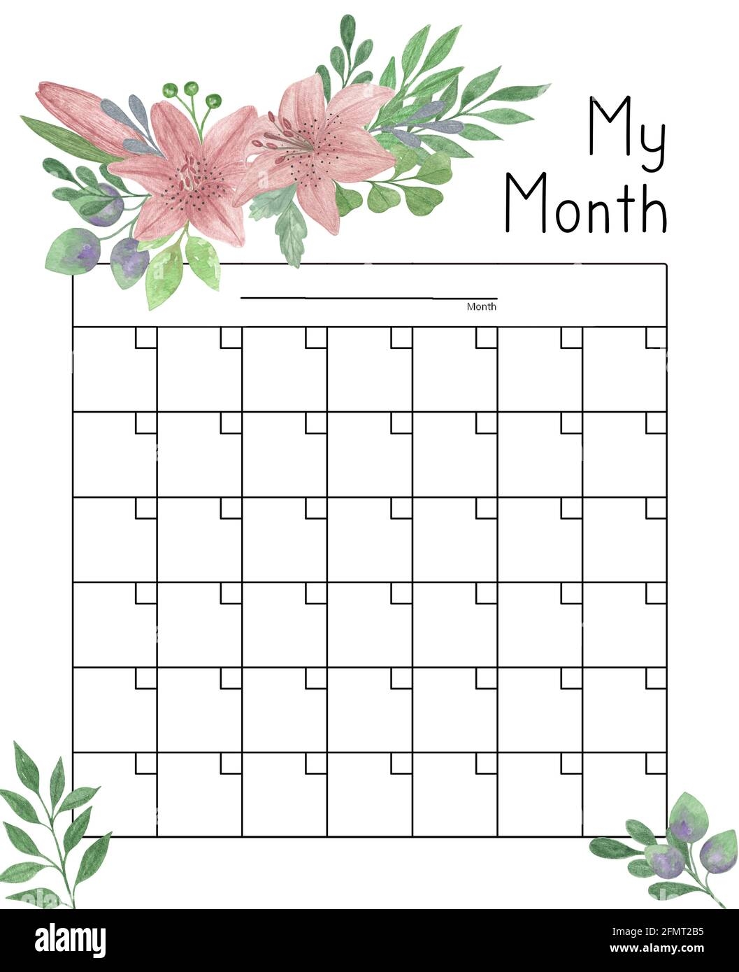 Calendar Grid Floral Ornament Watercolor Illustration Blank 