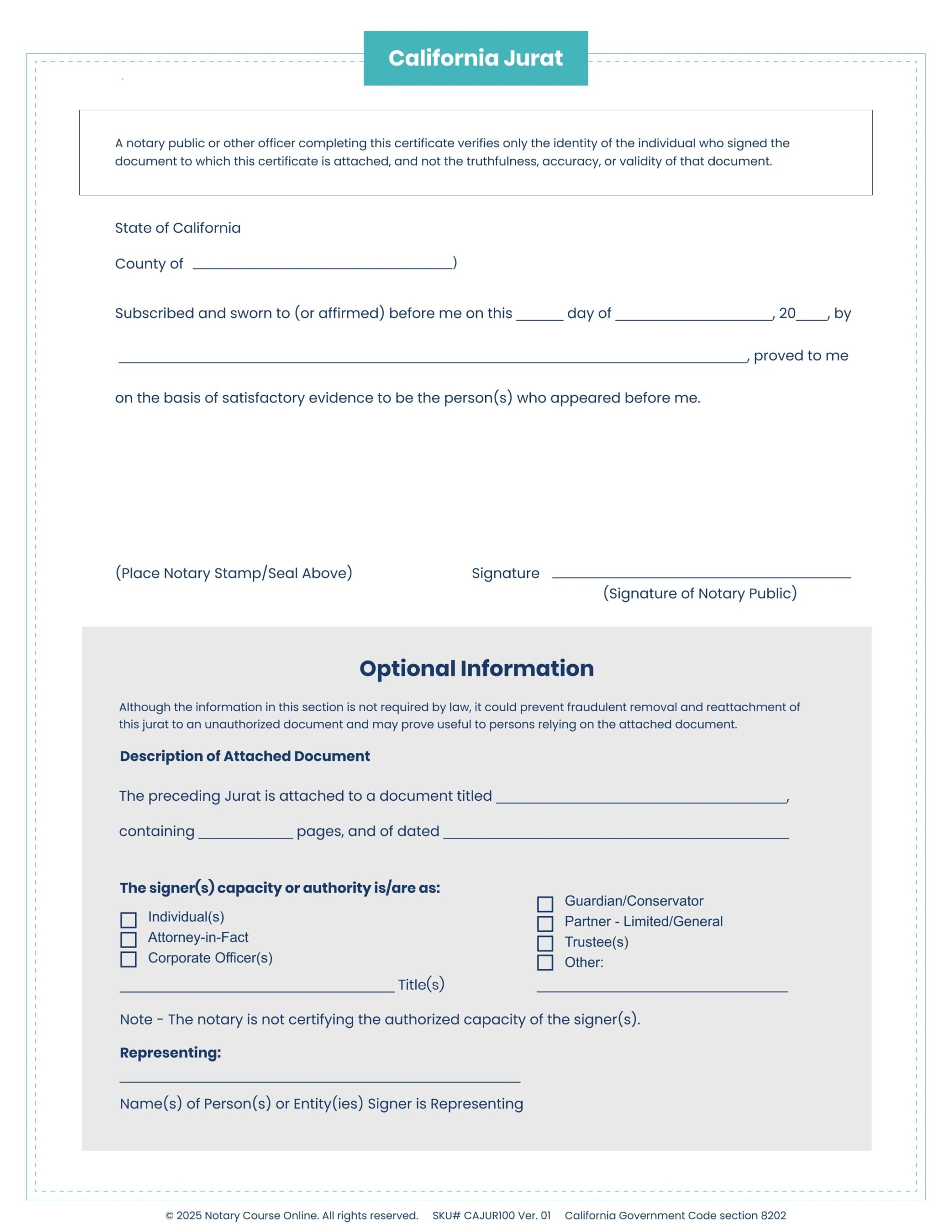 Notary Jurat Form California 2025