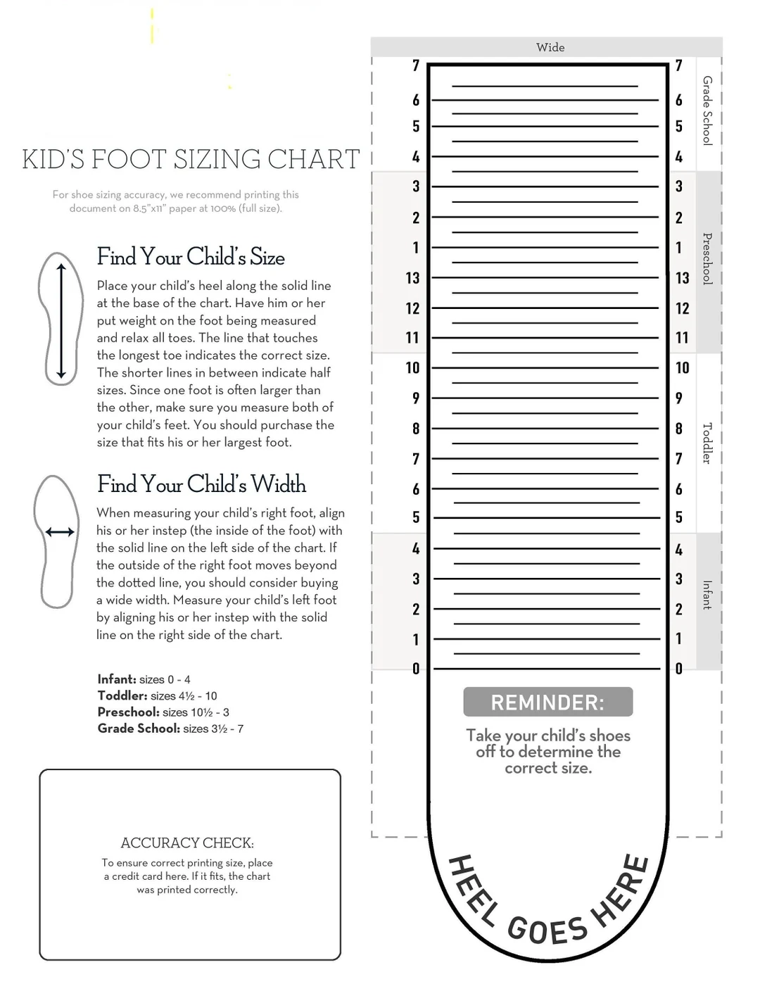 Chart Template Printable Baby Shoe Size Chart Kids Foot Sizer 