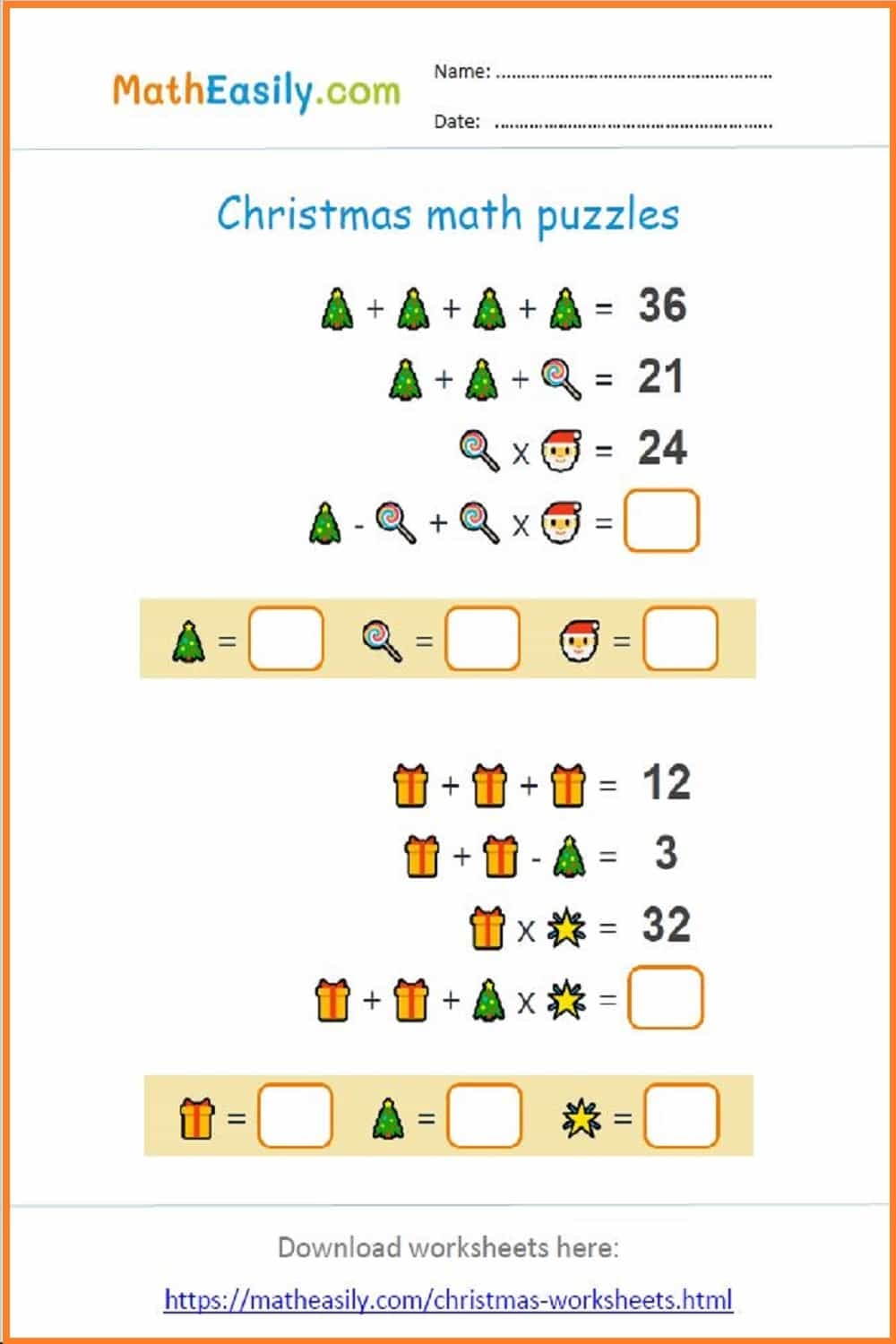 Christmas Math Puzzles Online PDF 