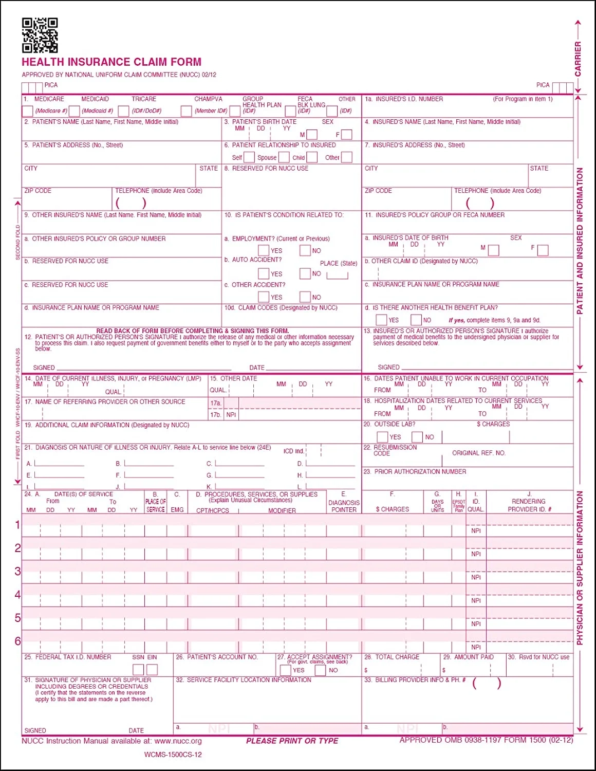 Cms 1500 Health Insurance Claim Forms 100 Sheets Medicare CMS 1500 