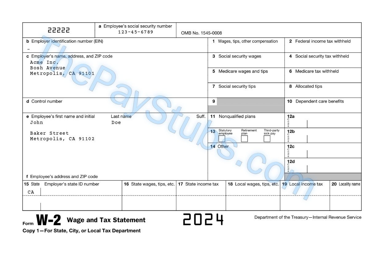 Sample W-2 Form 2024