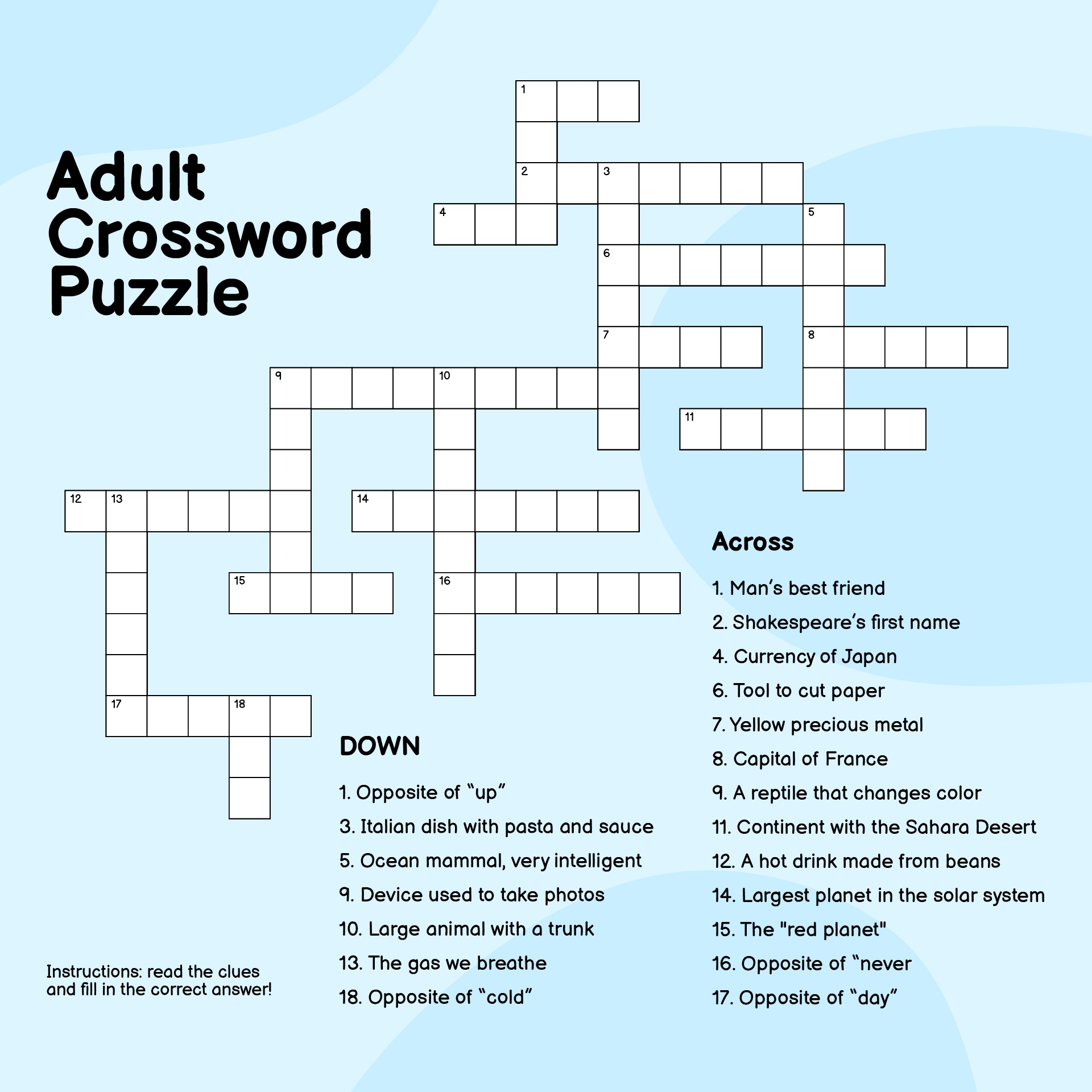 Free Printable Adult Crossword Puzzles