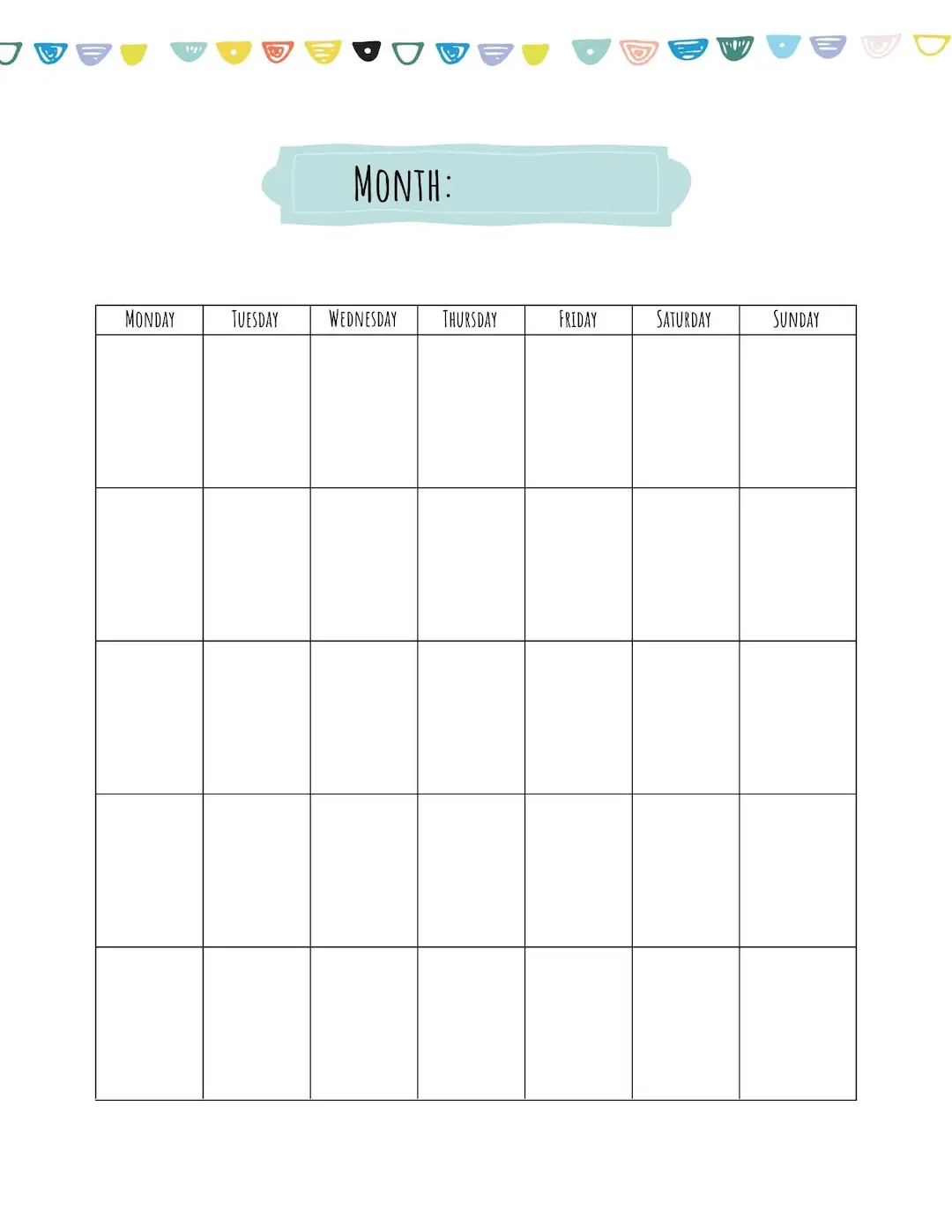 Cute Free Blank Printable Calendar