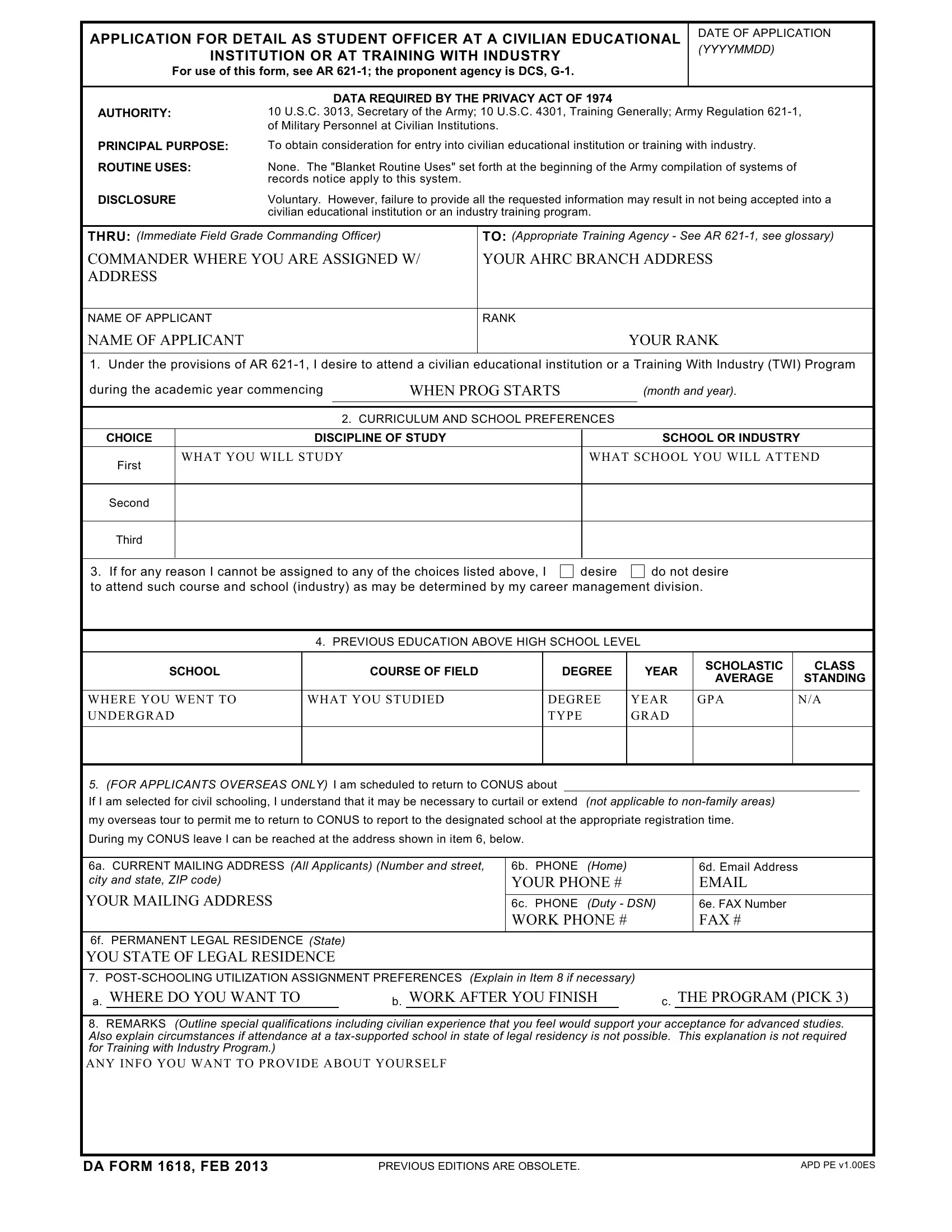 Da Form 1618 Fill Out Printable PDF Forms Online