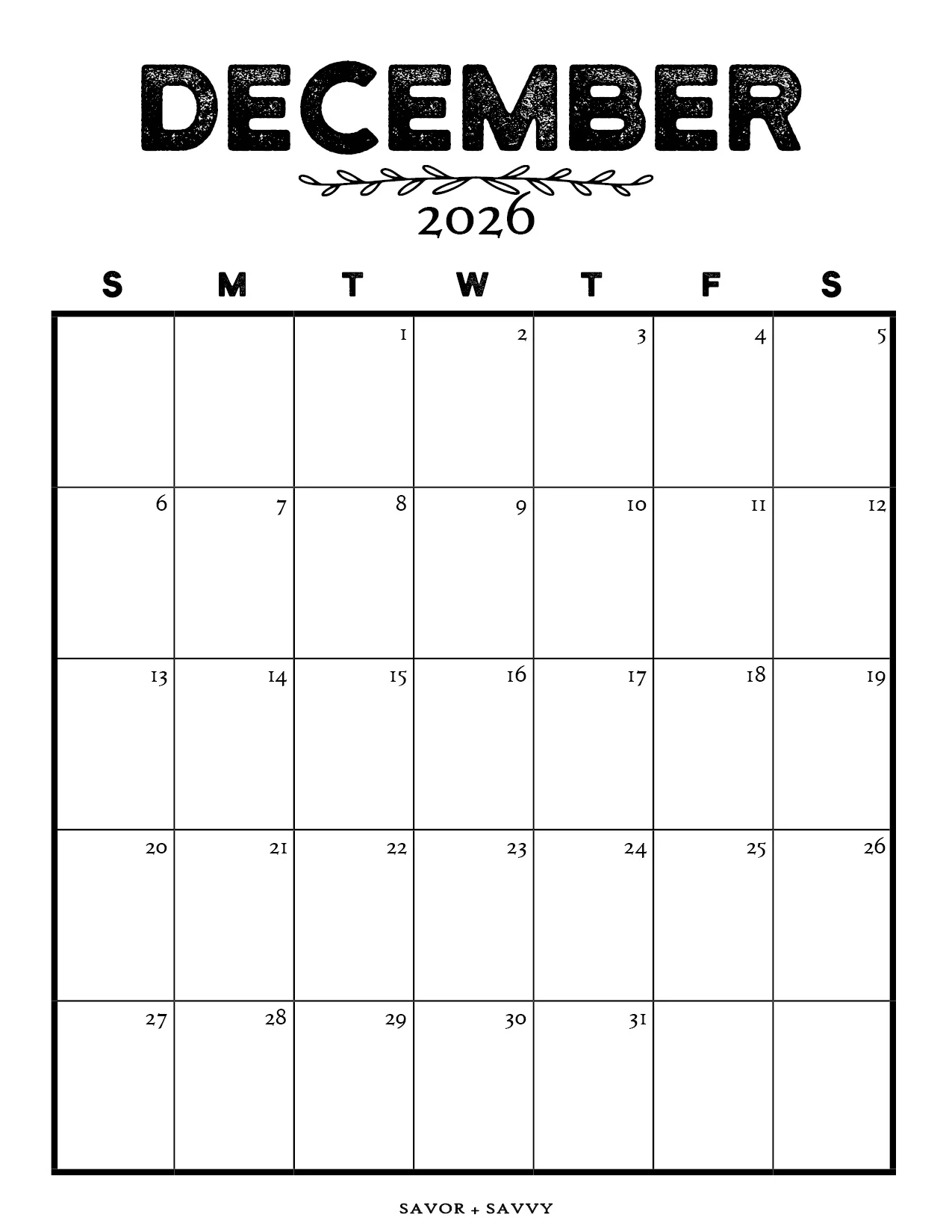 Advent 2026 Blank Calendar Printable