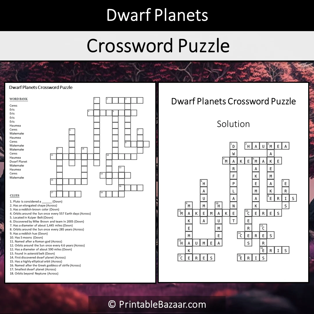 Dwarf Planets Crossword Puzzle Worksheet Activity Printable PDF