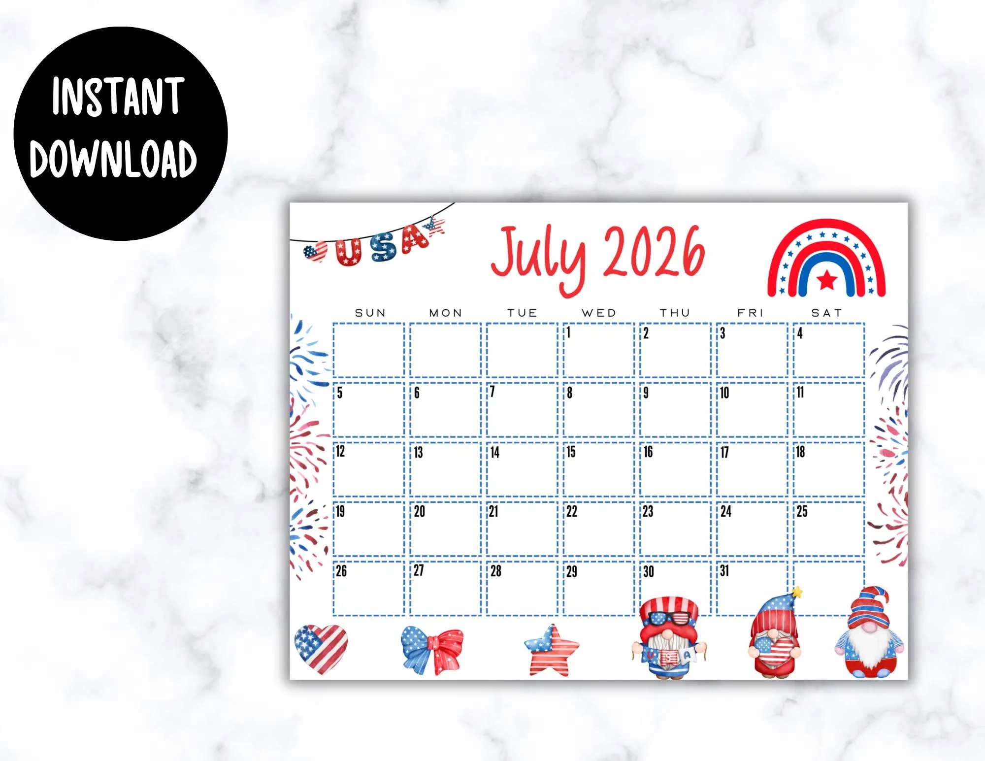 EDITABLE July 2026 Calendar 4th Of July Calendar W Gnomes 