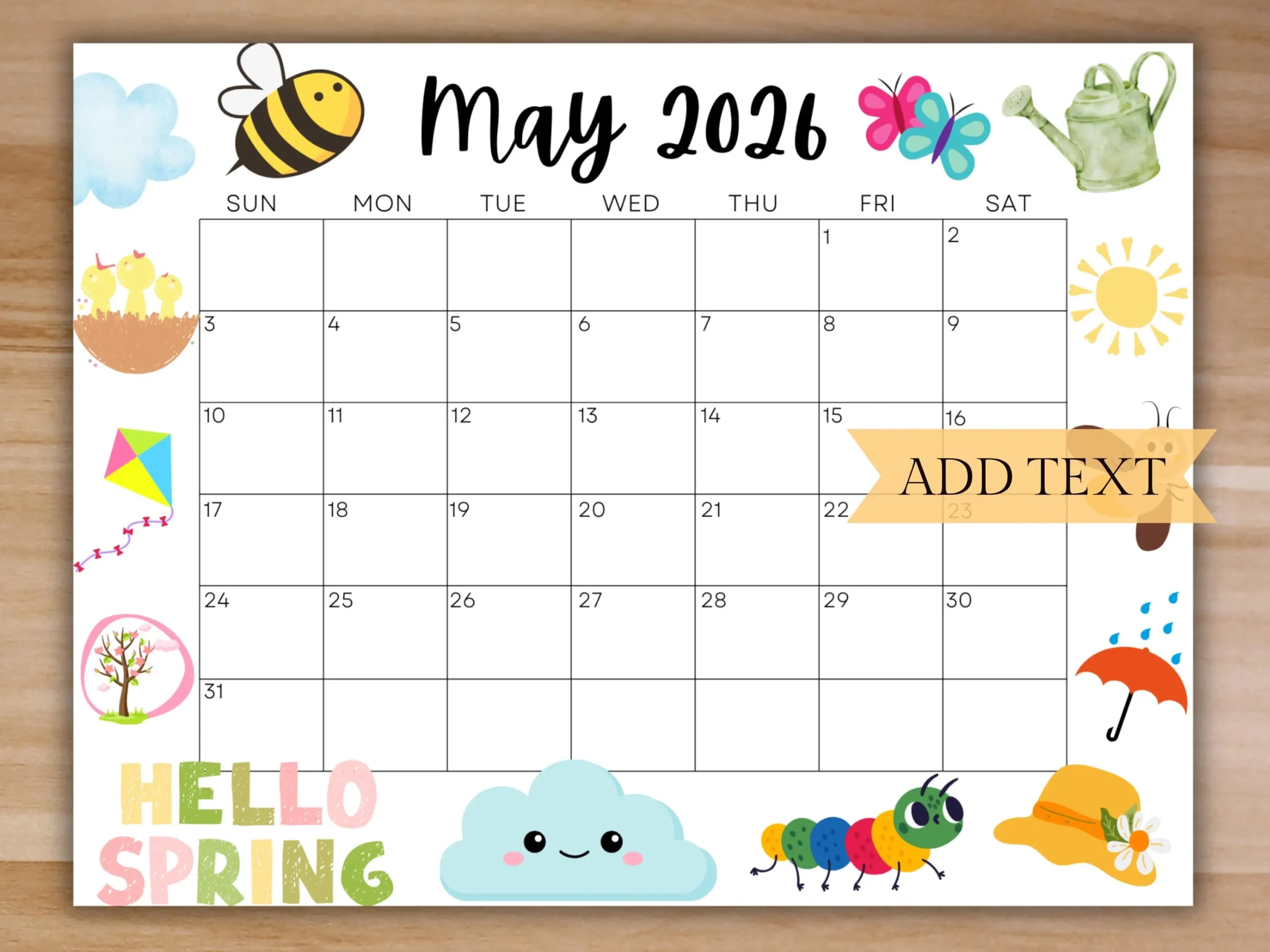 EDITABLE May 2026 Calendar Printable Calendar 2026 Cute Spring 