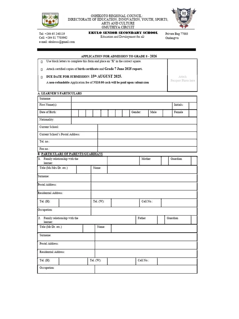 Ekulo Sss Grade 8 Application Form 2026 PDF