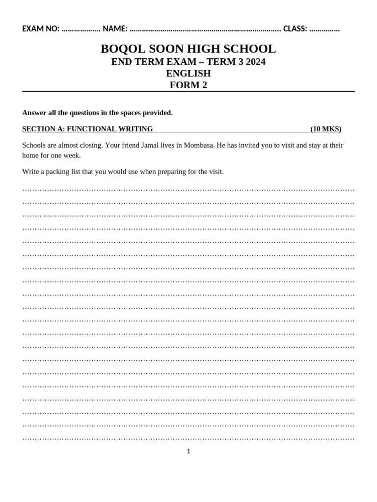 English Form 2 Term 3 2024 PDF Linguistics