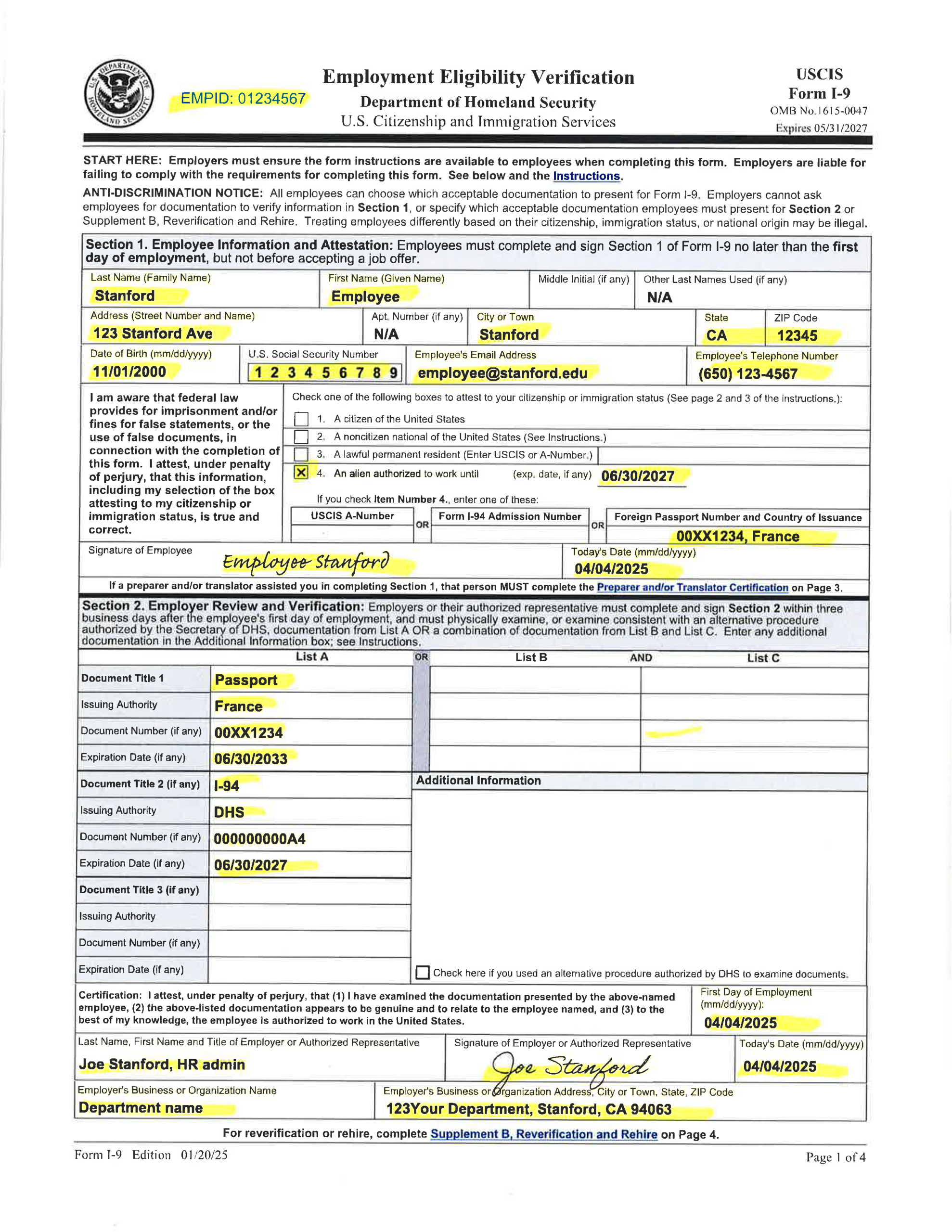 Examples Of Completed Form I 9 For Stanford