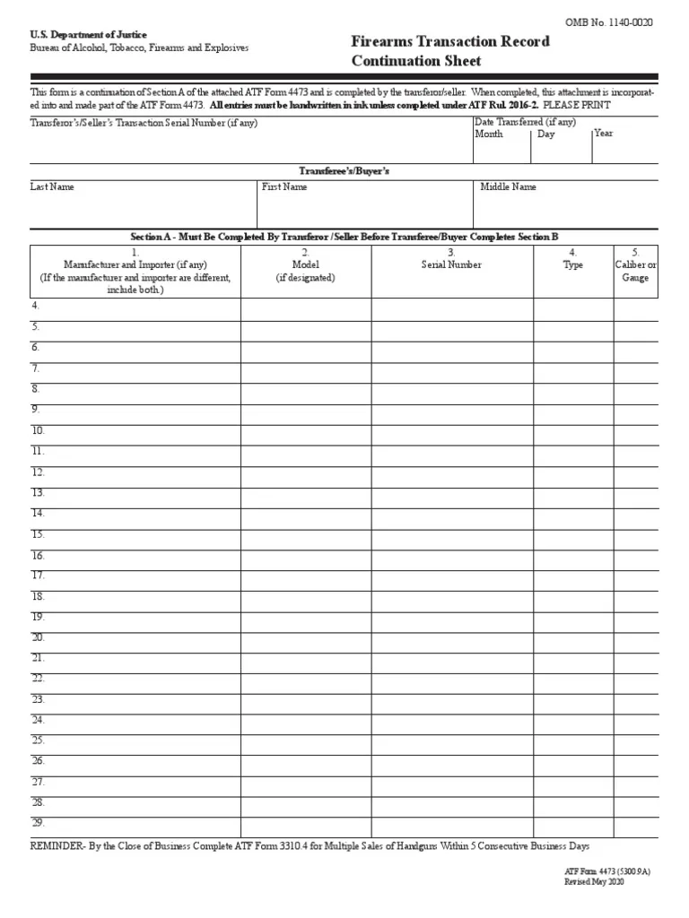 F 4473 5300 9a Firearms Transaction Record Continuation Sheet PDF