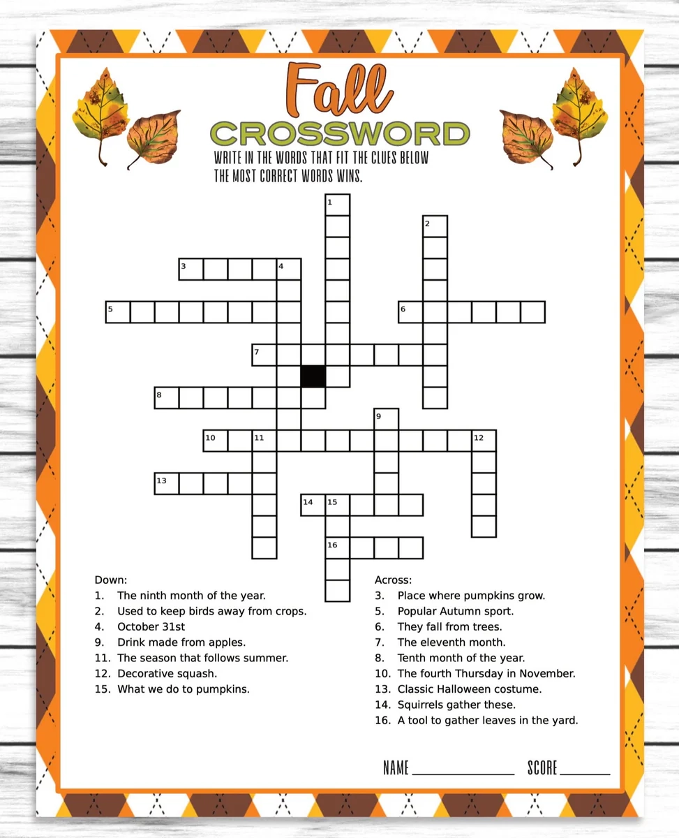 Autumn Crossword Puzzles Printable