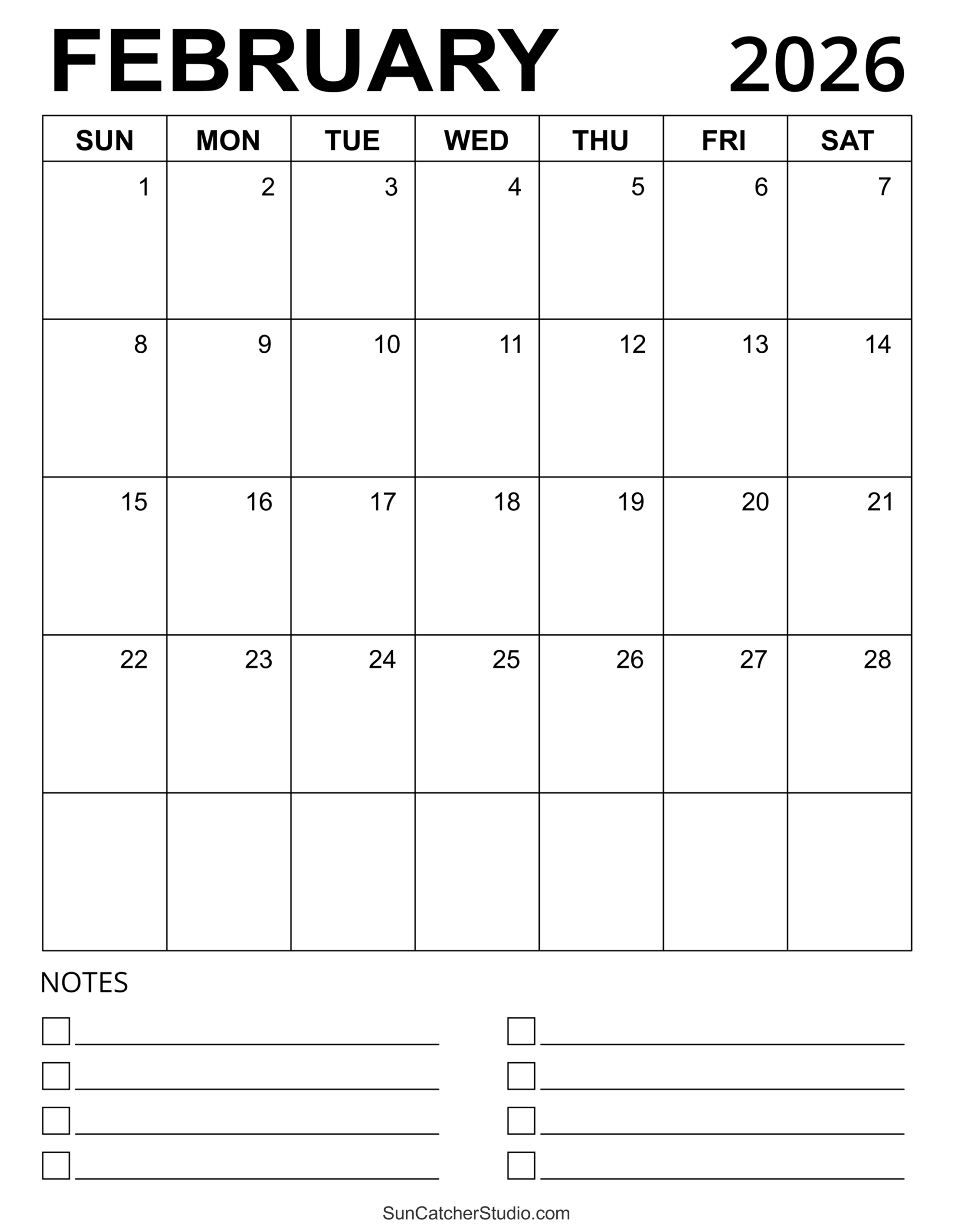 Free Printable February Calendar 2026