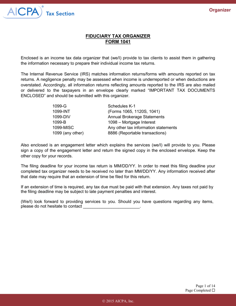 Fiduciary Tax Organizer Form 1041 Tax Preparation