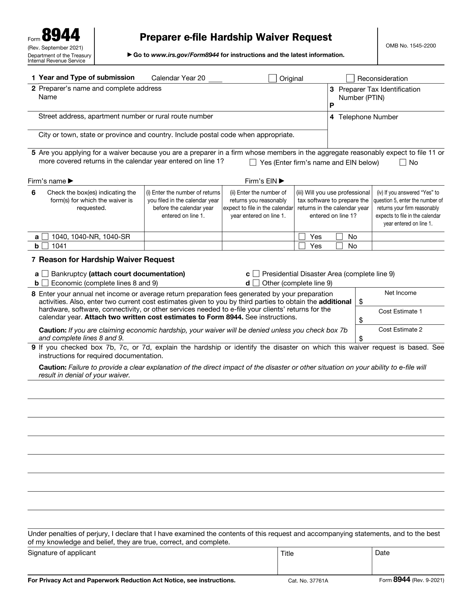 Fill Form 8944 2024 2025 Preparer E file Hardship Waiver Request