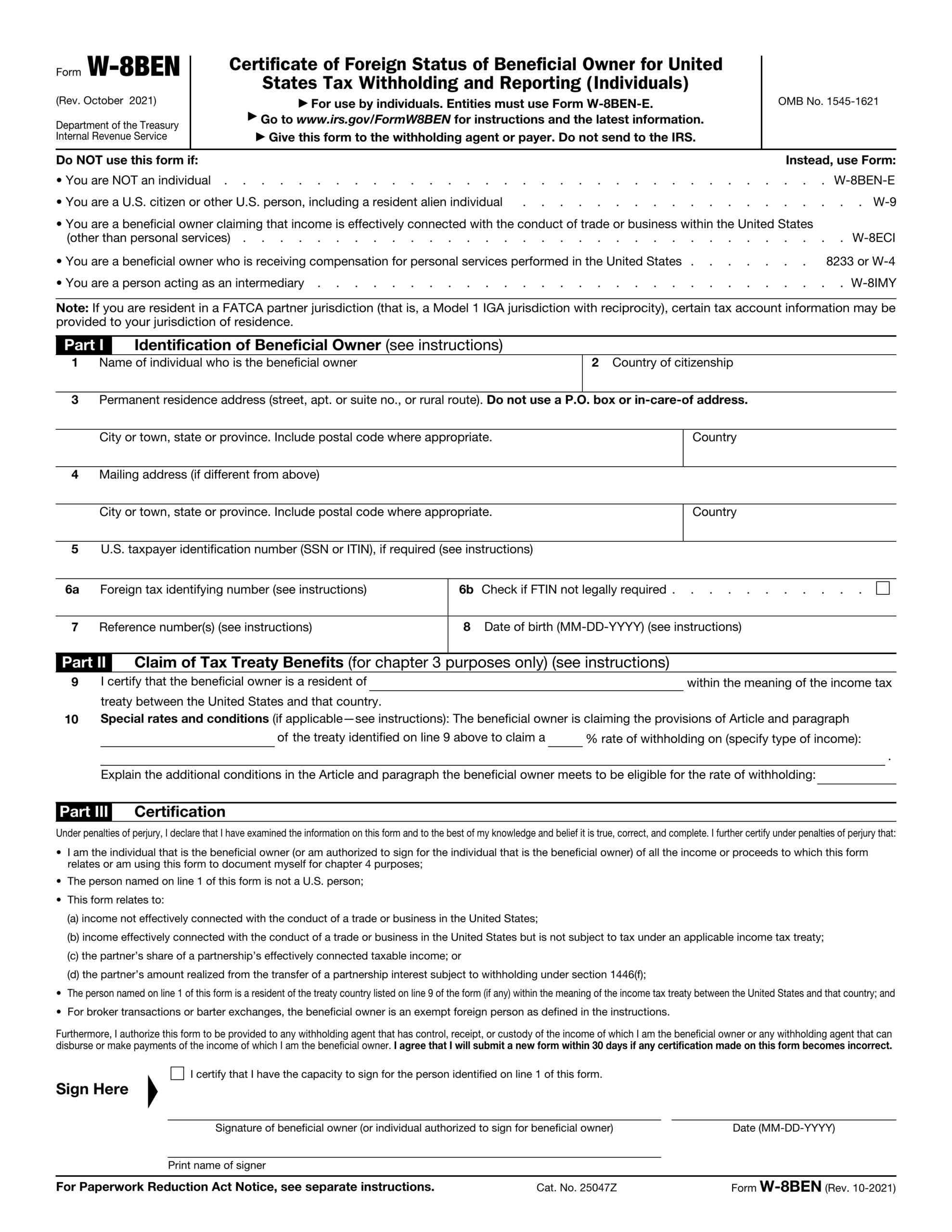 Fill Form W 8BEN 2024 2025 Create Edit Forms Online