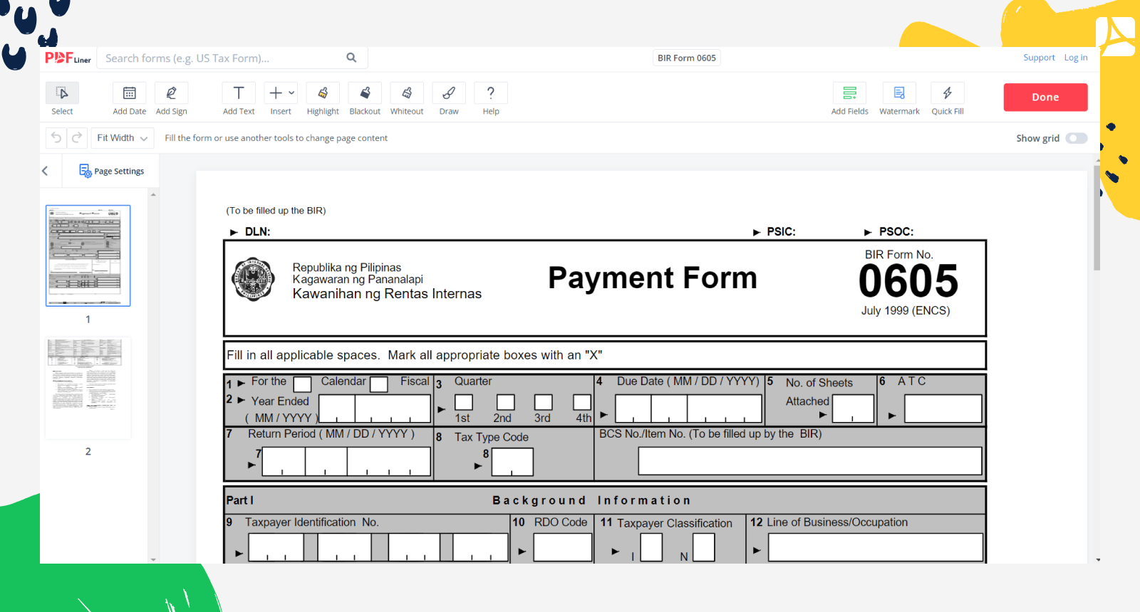 Fillable BIR Form 0605 Sign Forms Online PDFliner