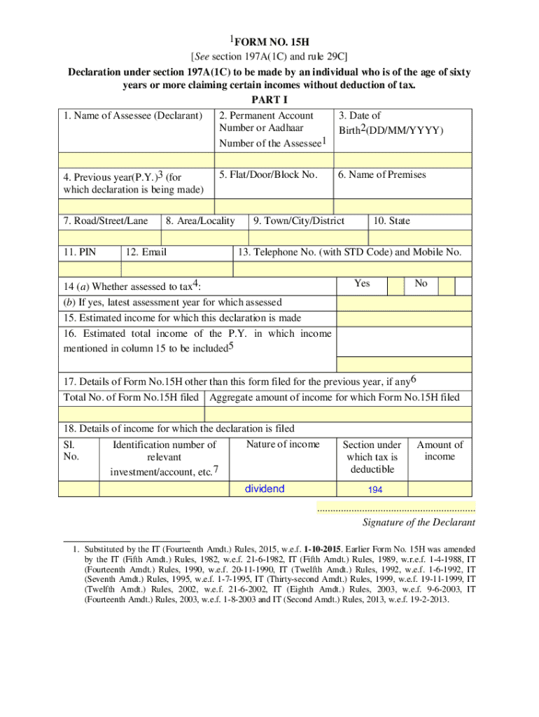 Fillable Online Form No 15H Declaration Under Section 197A 1C 
