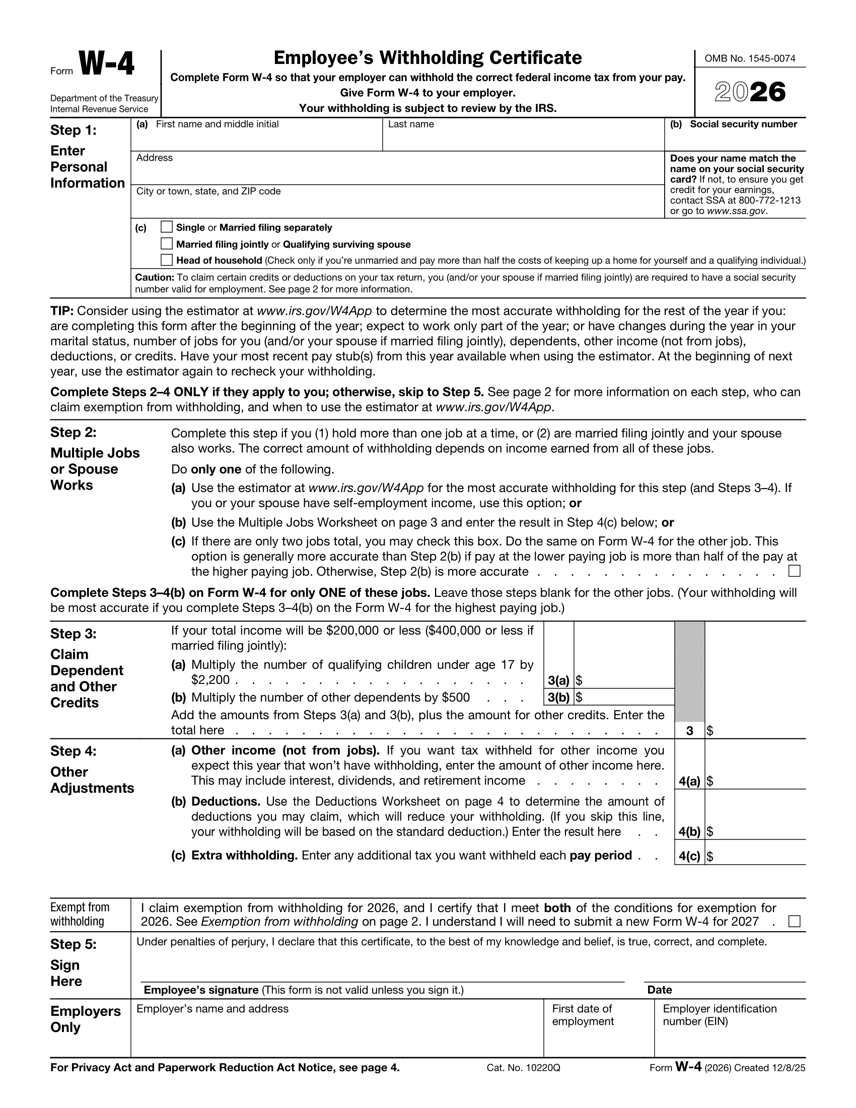 Fillable W 4 Form 2024 2025 Fill Out And Download As PDF