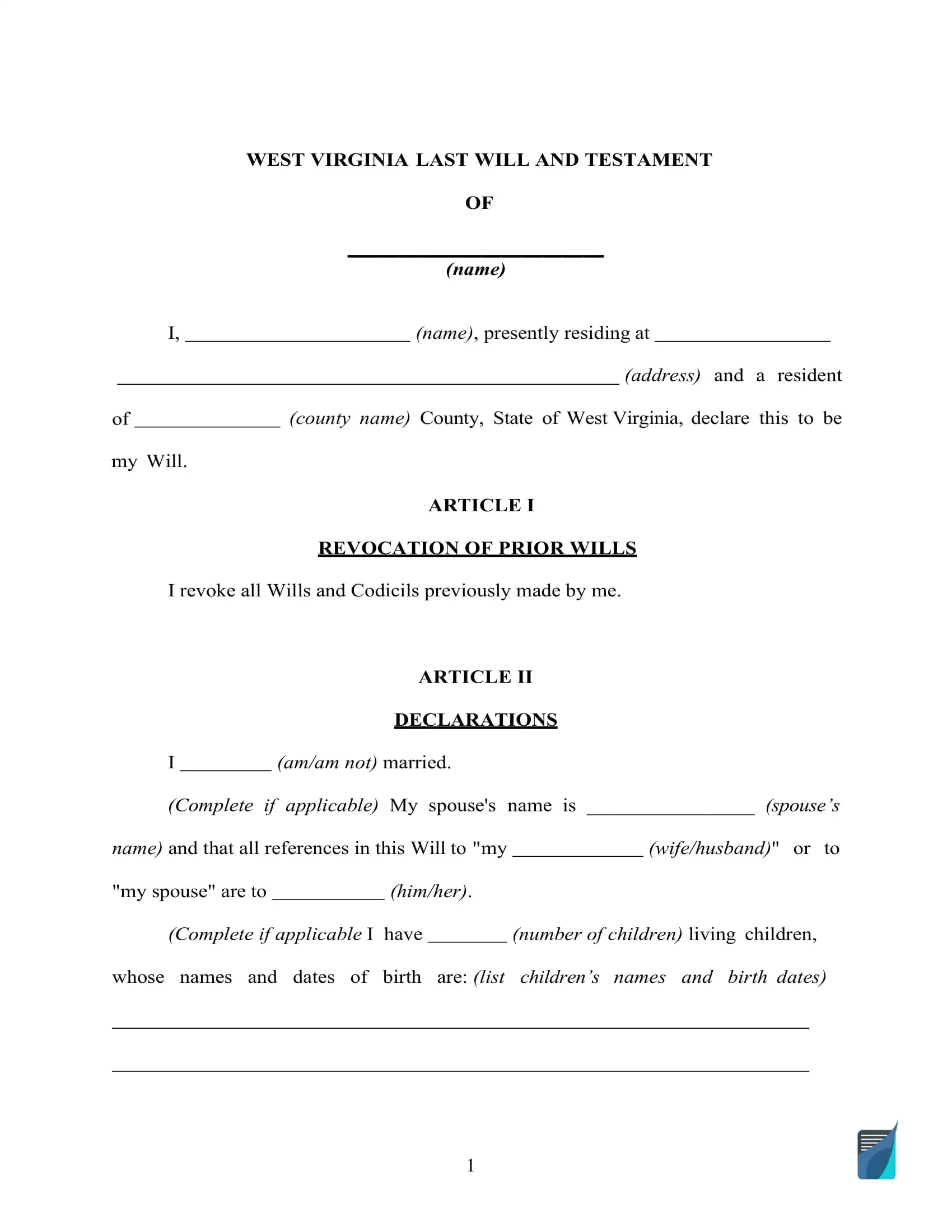 Fillable West Virginia Last Will And Testament Form FREE 
