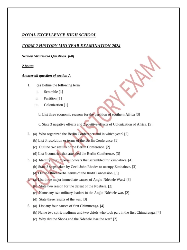 Form 2 History Mid Year Examination 2024 PDF Zimbabwe Africa