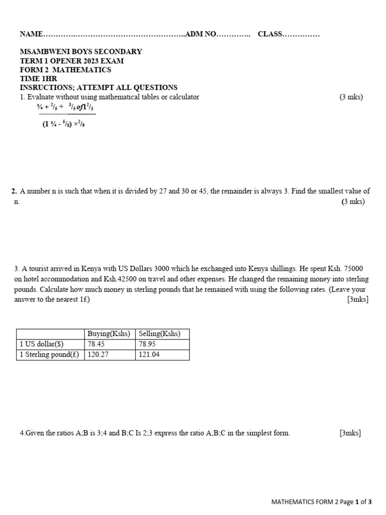 Form 2 Opener Exams Maths PDF Pound Sterling Mathematics