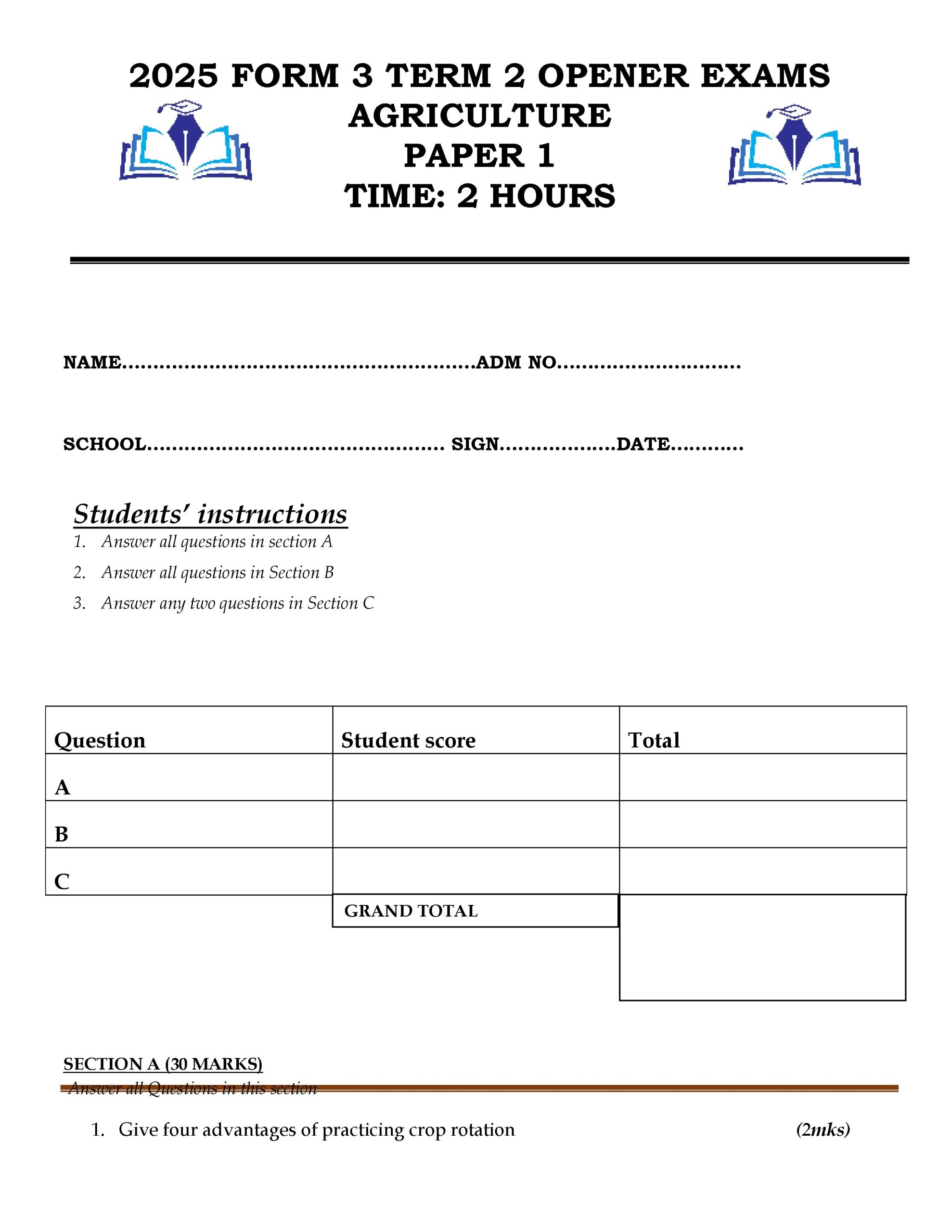 Form 3 Agriculture Paper 1 Term 2 Opener Exams 2025 With Marking 