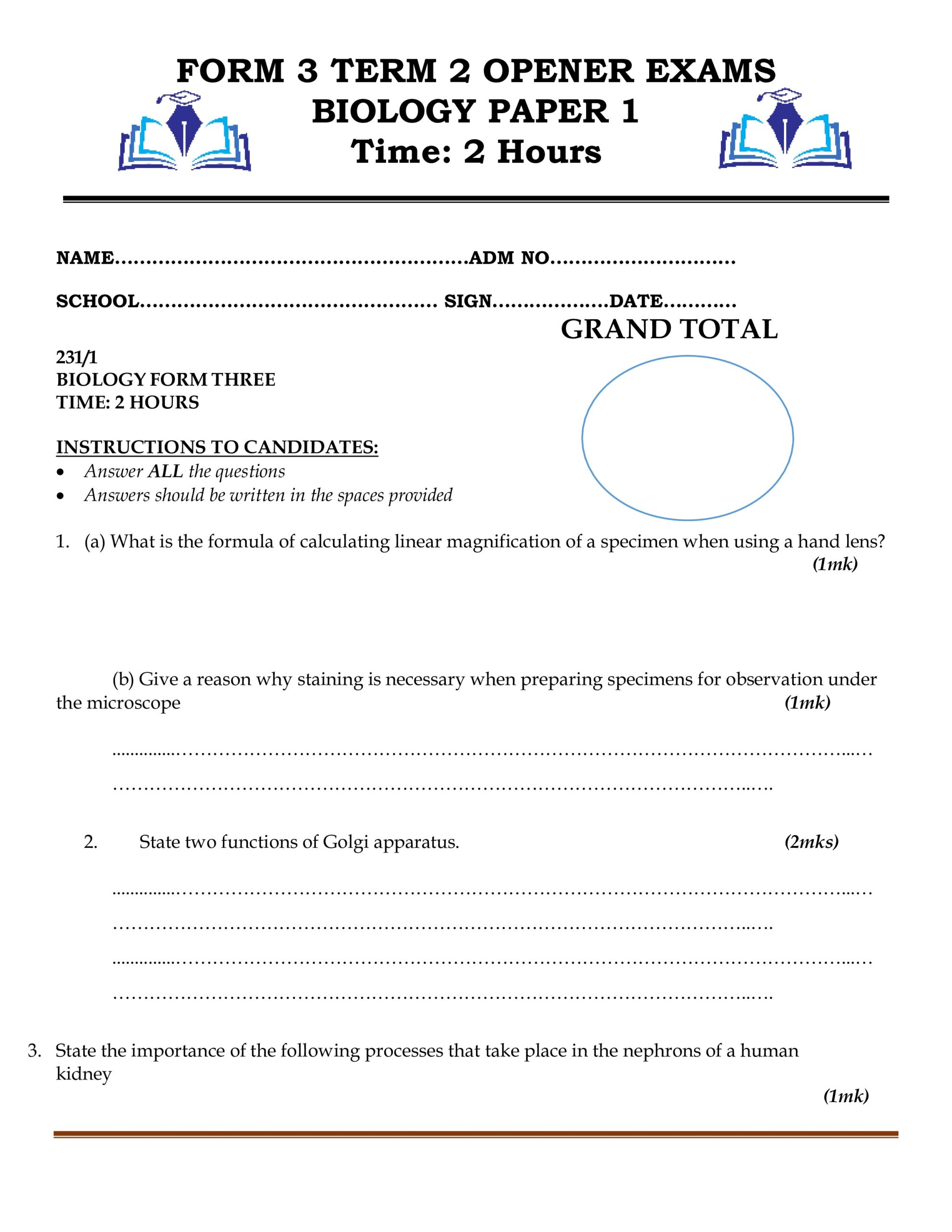 Form 3 Opener Exams