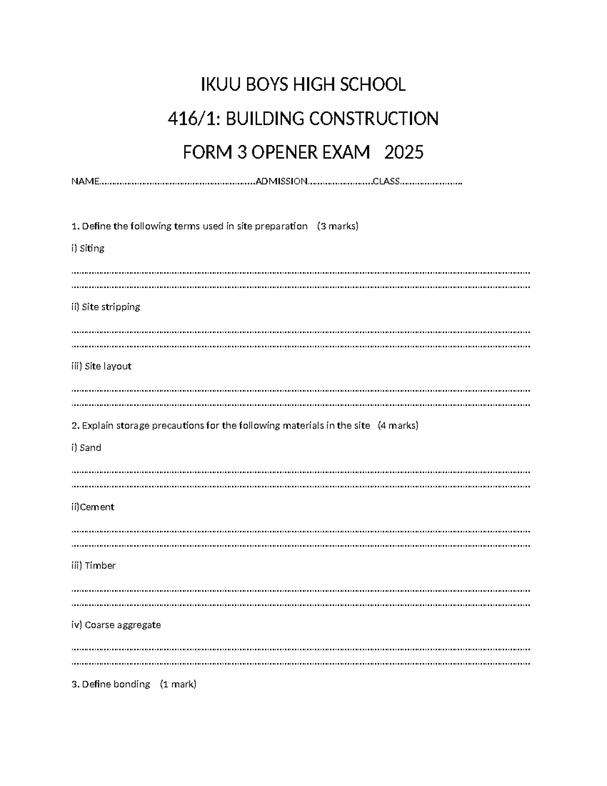 FORM 3 OPENER EXAM BUILDING CONSTRUCTION TERMS amp METHODS 2025 