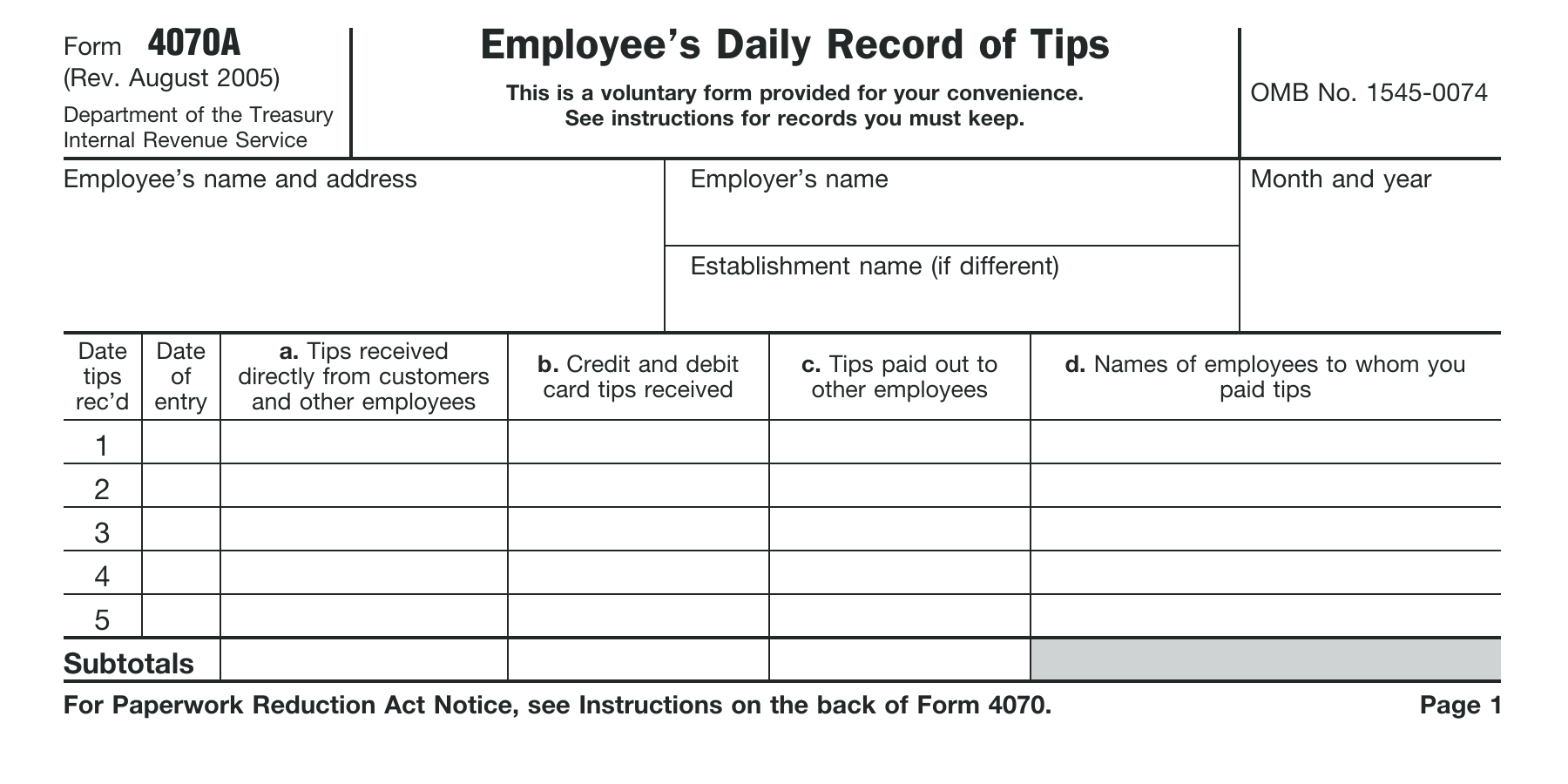 Form 4070 A Employee s Daily Record Of Tips 2024 2025 PDF Guru