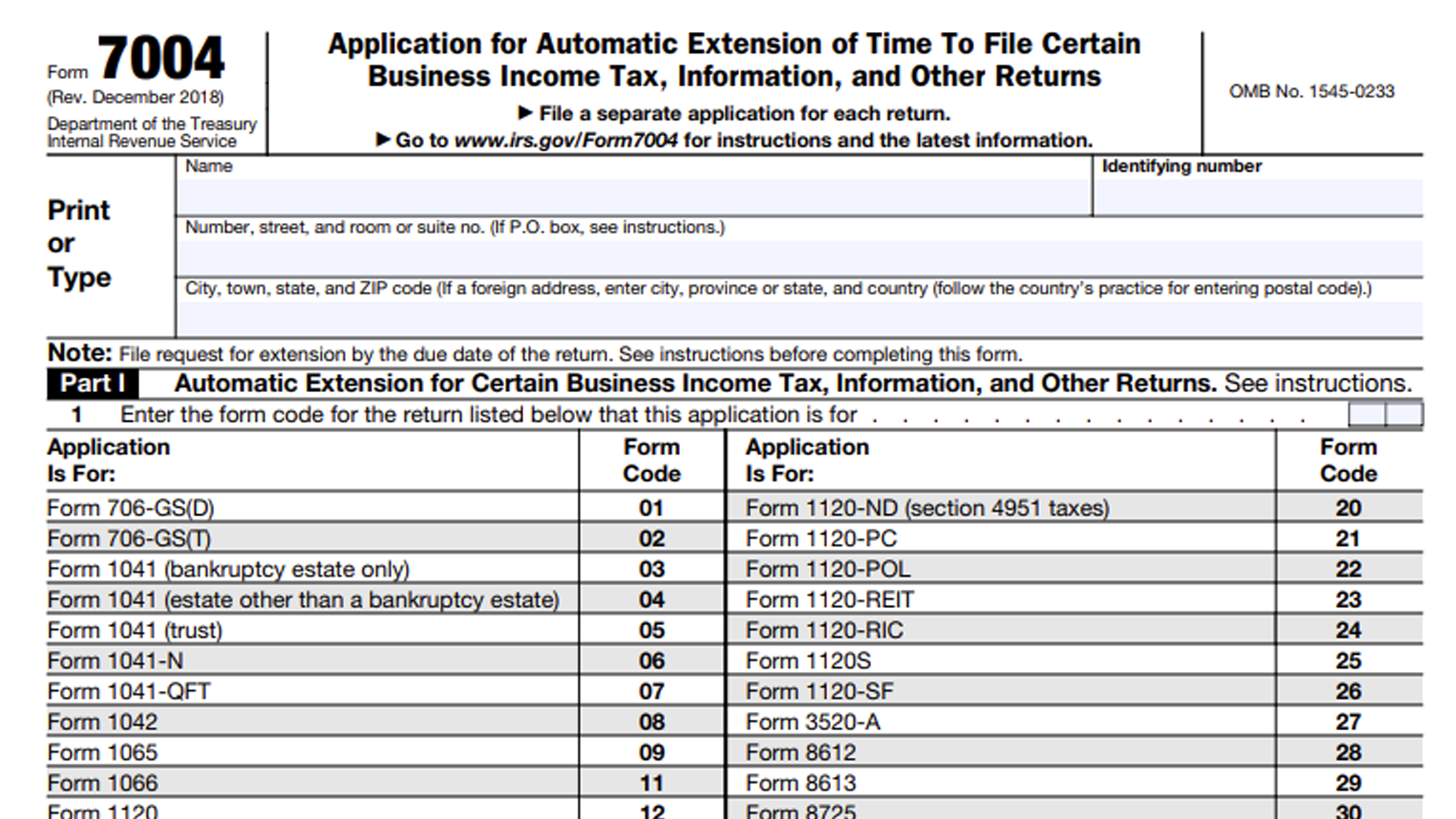 Form 7004 Business Income Tax Extension