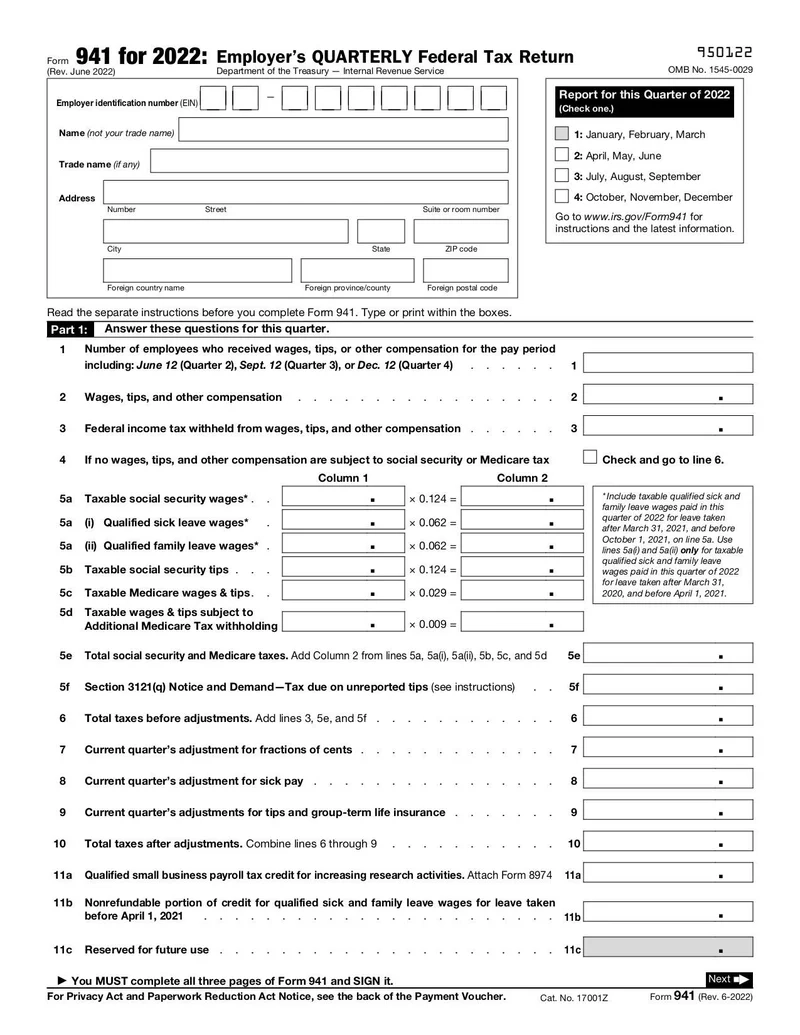 Irs Form 941 1st Quarter 2022