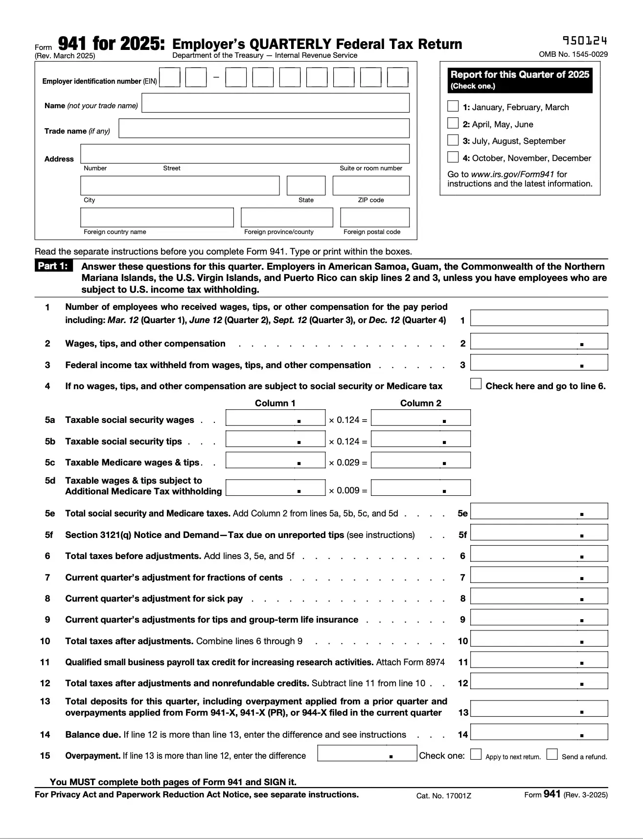 Form 941 Quarterly Federal Tax Return For Employer Zendocs
