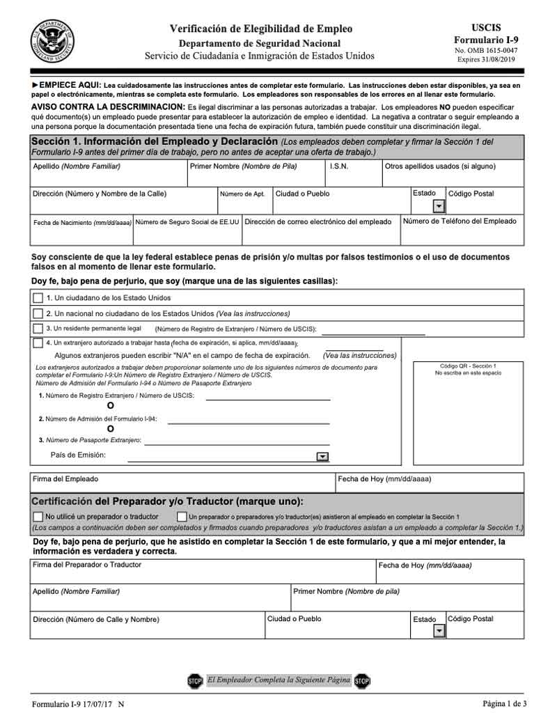 Form I 9 Spanish Printable
