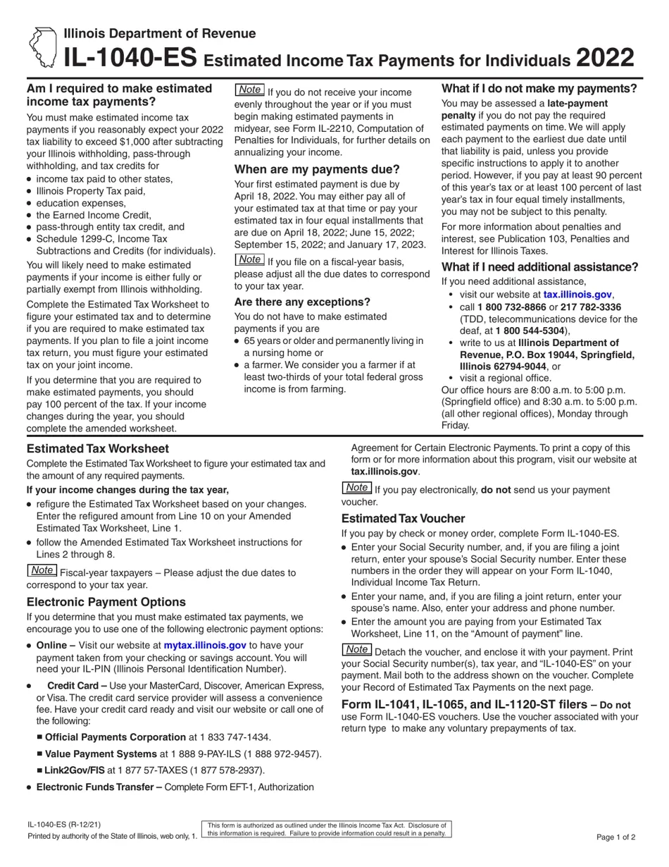 Form IL 1040 ES Download Fillable PDF Or Fill Online Estimated 