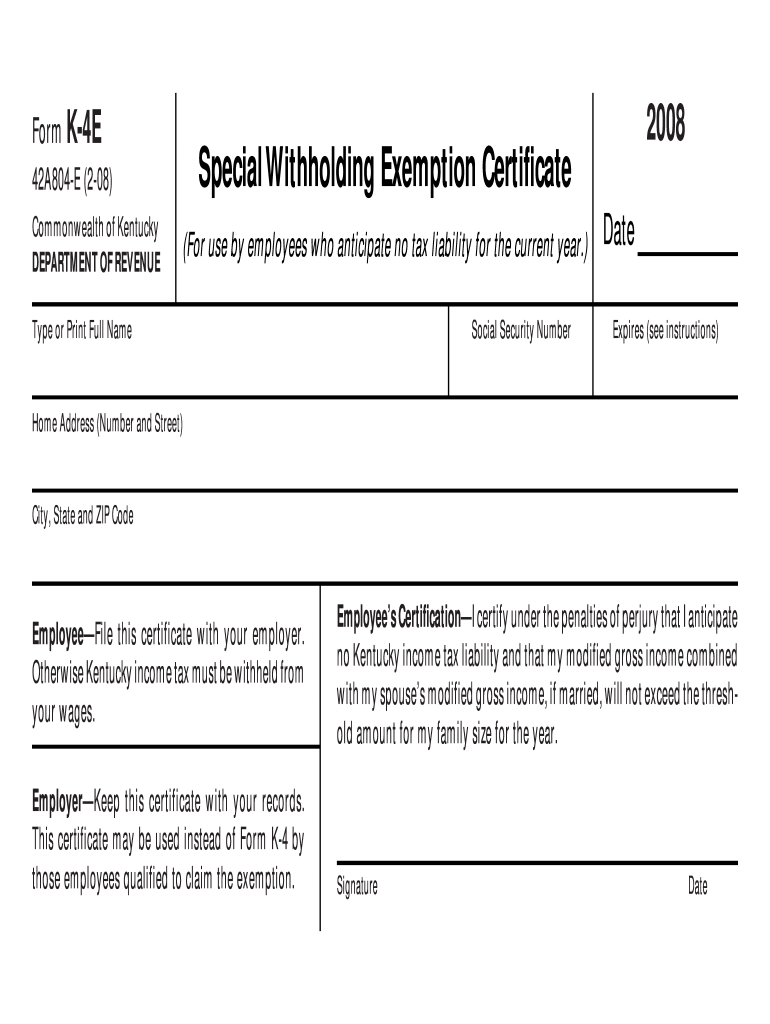 Form K4E Commonwealth Of Kentucky DEPARTMENT OF REVENUE 2008 