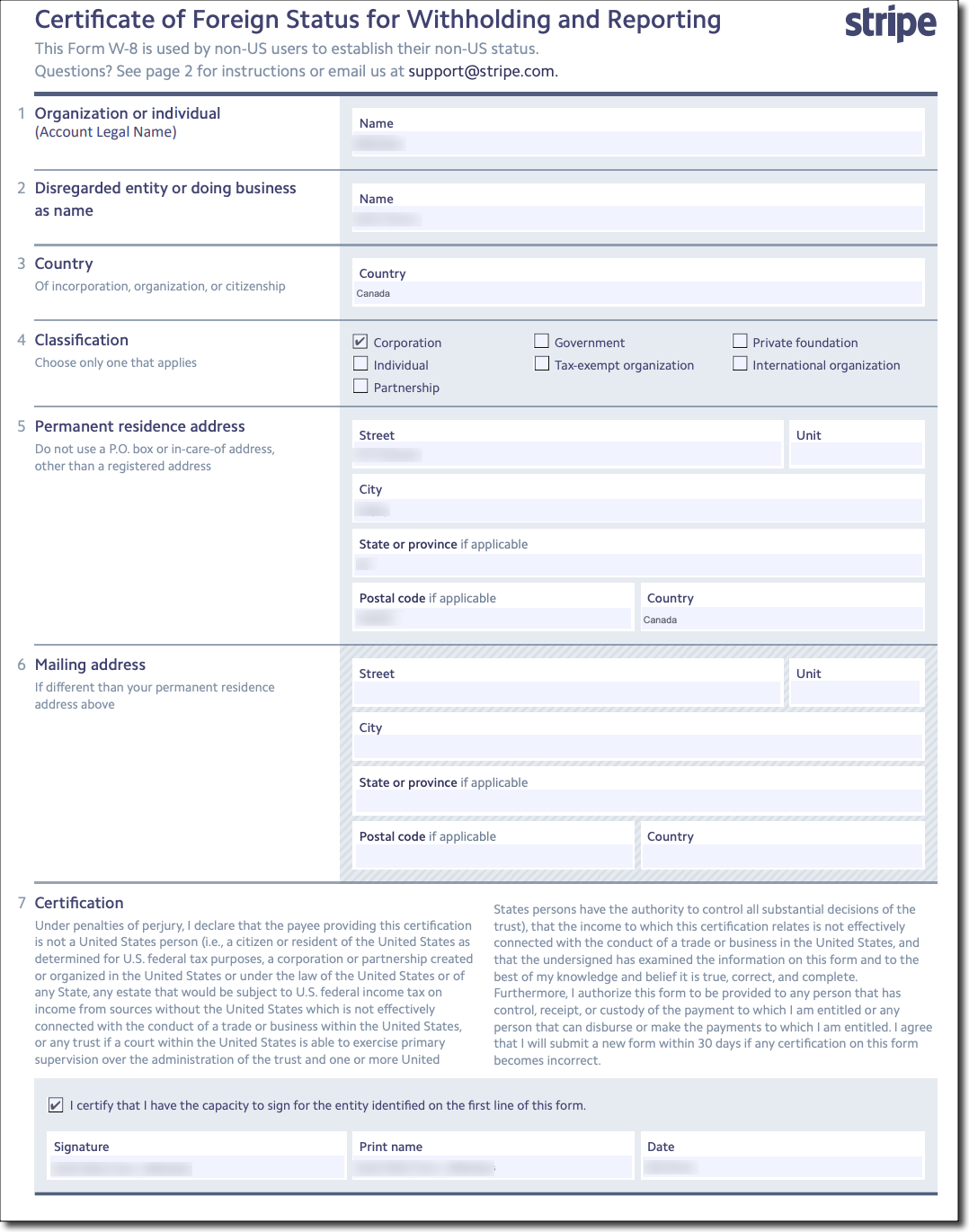Form W 8 And Affidavit Of Unchanged Status Collected By Stripe 