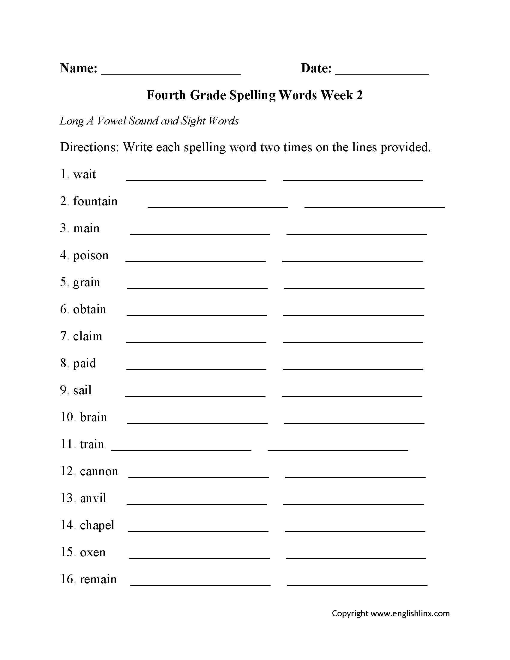 Fourth Grade Spelling Worksheets Free Printable Word Lists 