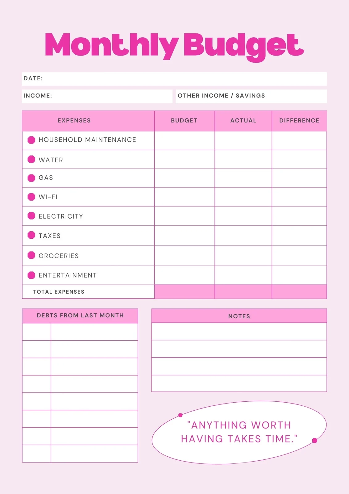 Monthly Budget Worksheet Free Printable