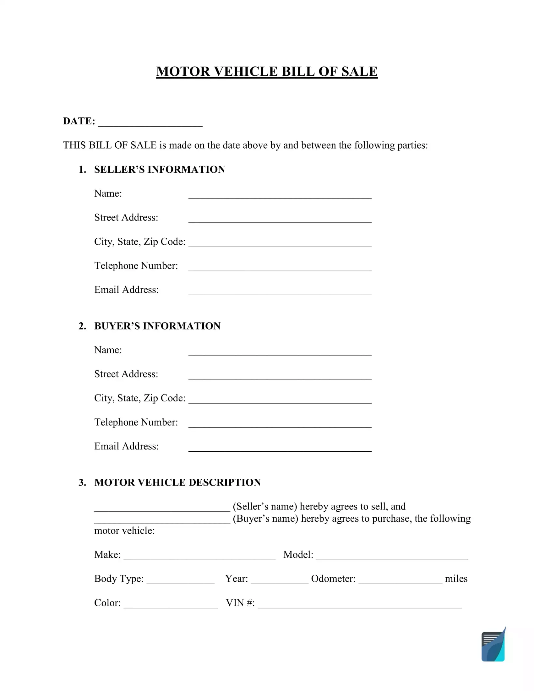 Bill Of Sale Form Printable Car