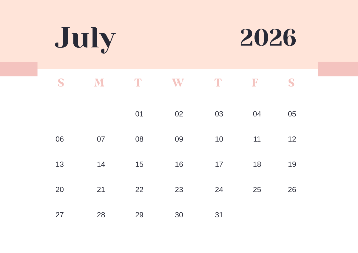 Blank Calendar Printable July 2026 Editable