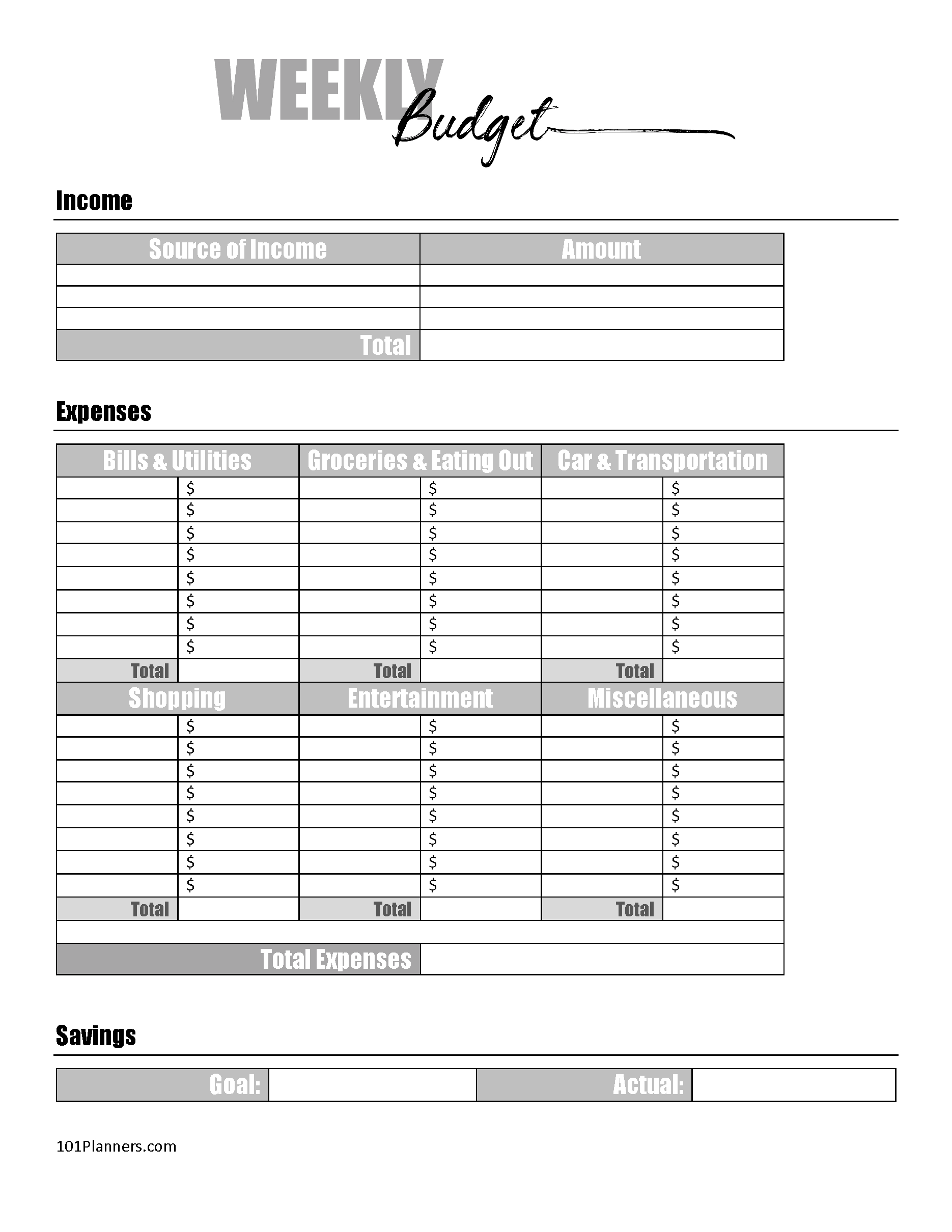 Budget Worksheet Printable Template