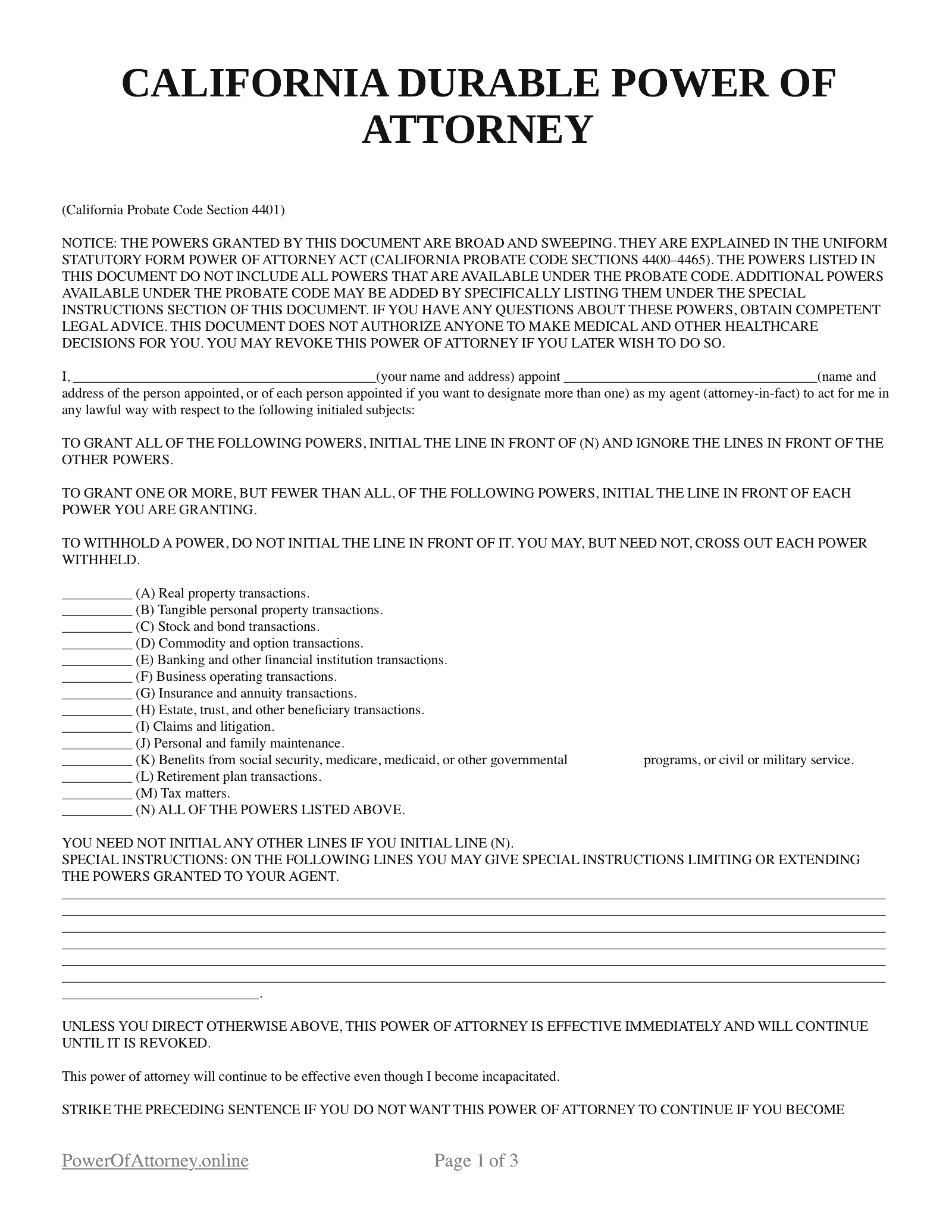 Durable Power Of Attorney Forms Printable Ca