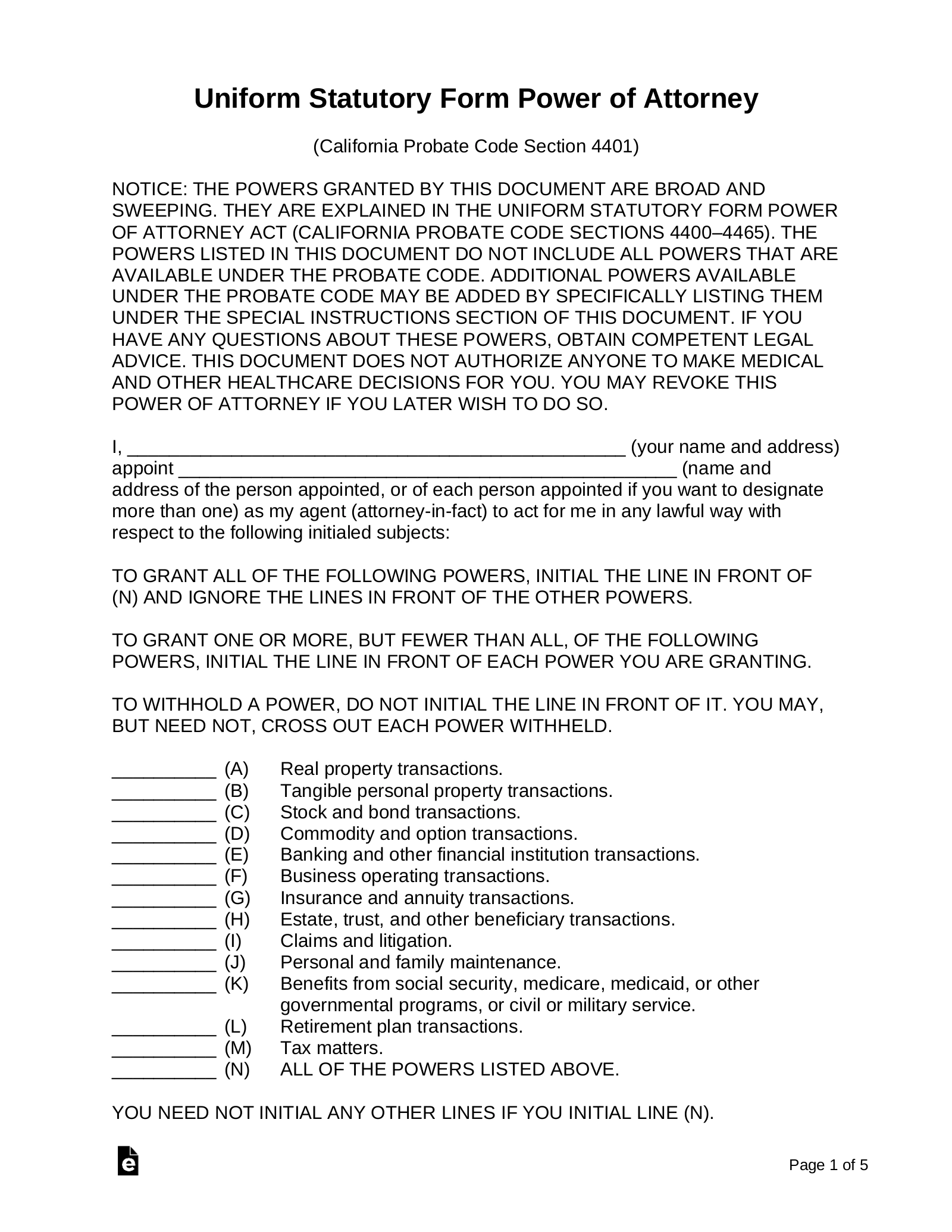 Free California Durable Statutory Power Of Attorney Form PDF 