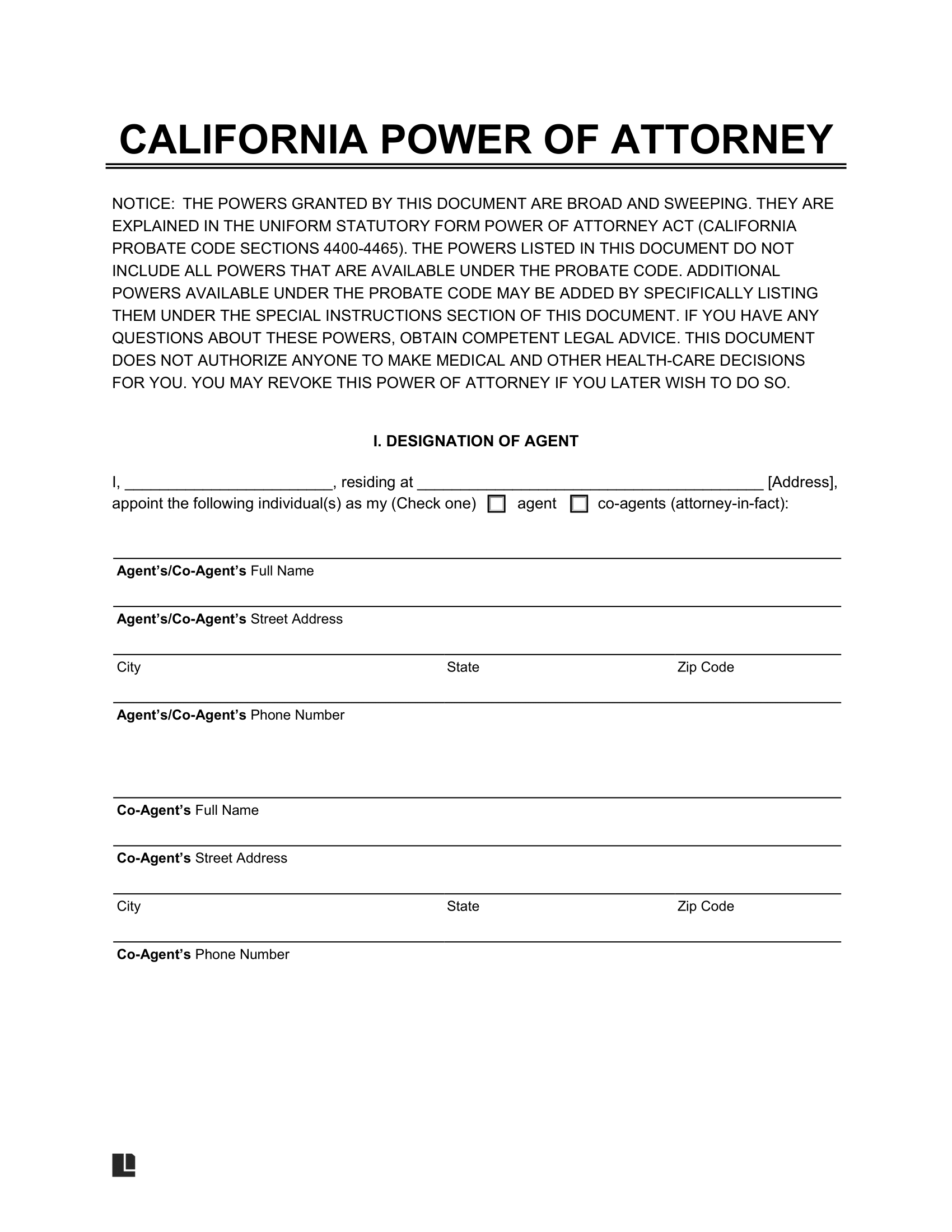 Free California Power Of Attorney Forms PDF amp Word